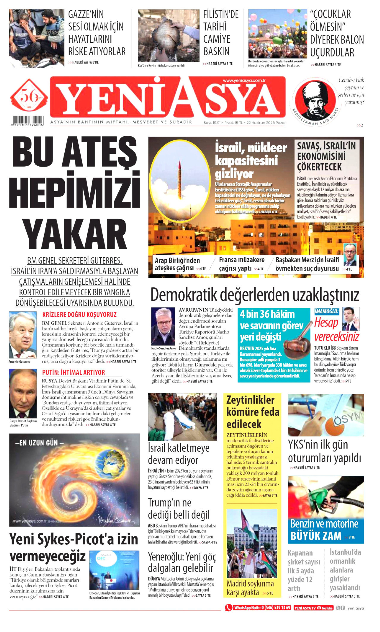 YENİ ASYA gazetesinin 22 Haziran 2025 tarihli birinci sayfası