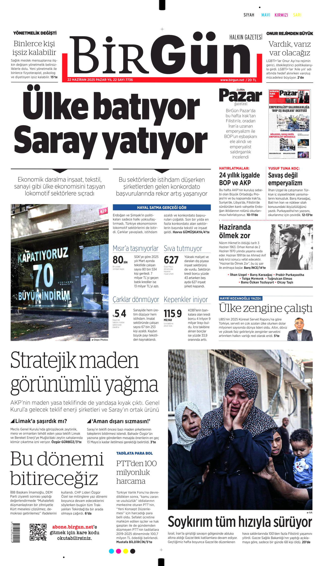 BİRGÜN gazetesinin 22 Haziran 2025 tarihli birinci sayfası