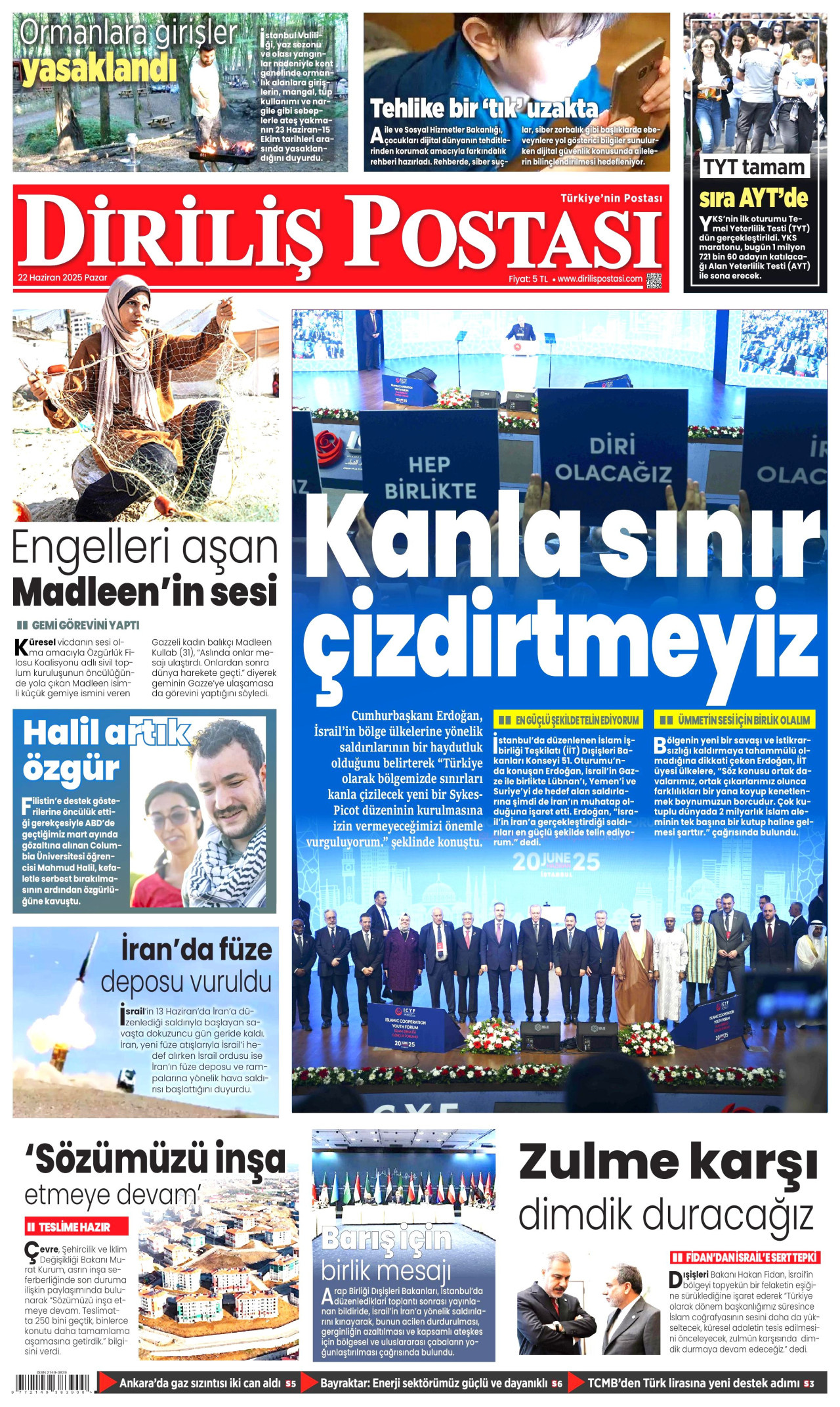 DİRİLİŞ POSTASI gazetesinin 22 Haziran 2025 tarihli birinci sayfası