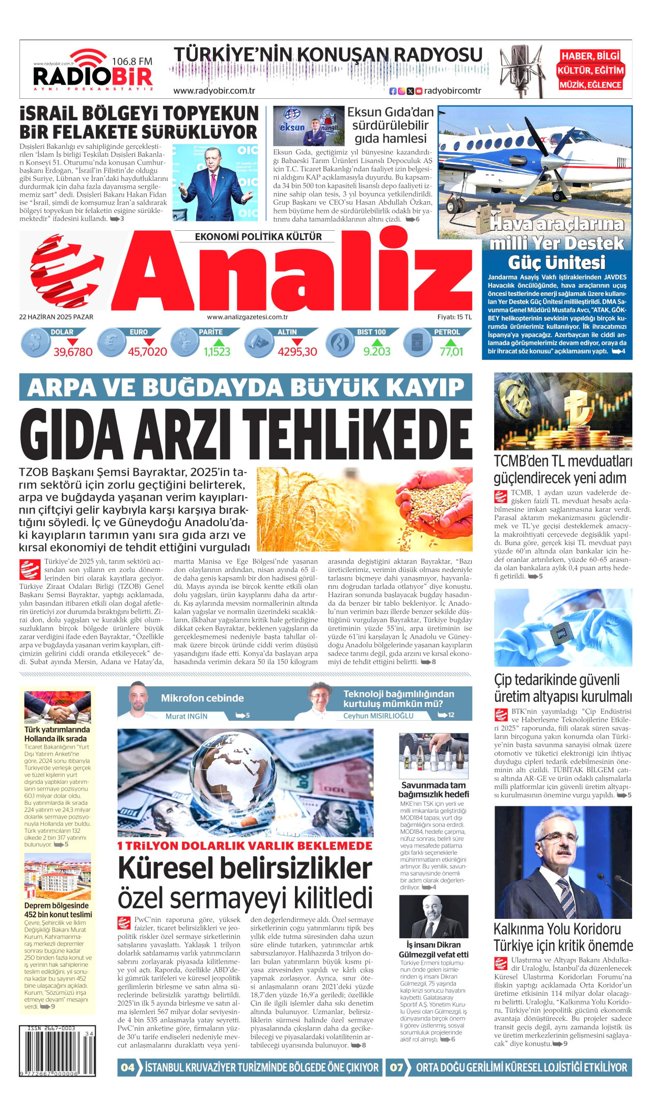 ANALİZ gazetesinin 22 Haziran 2025 tarihli birinci sayfası