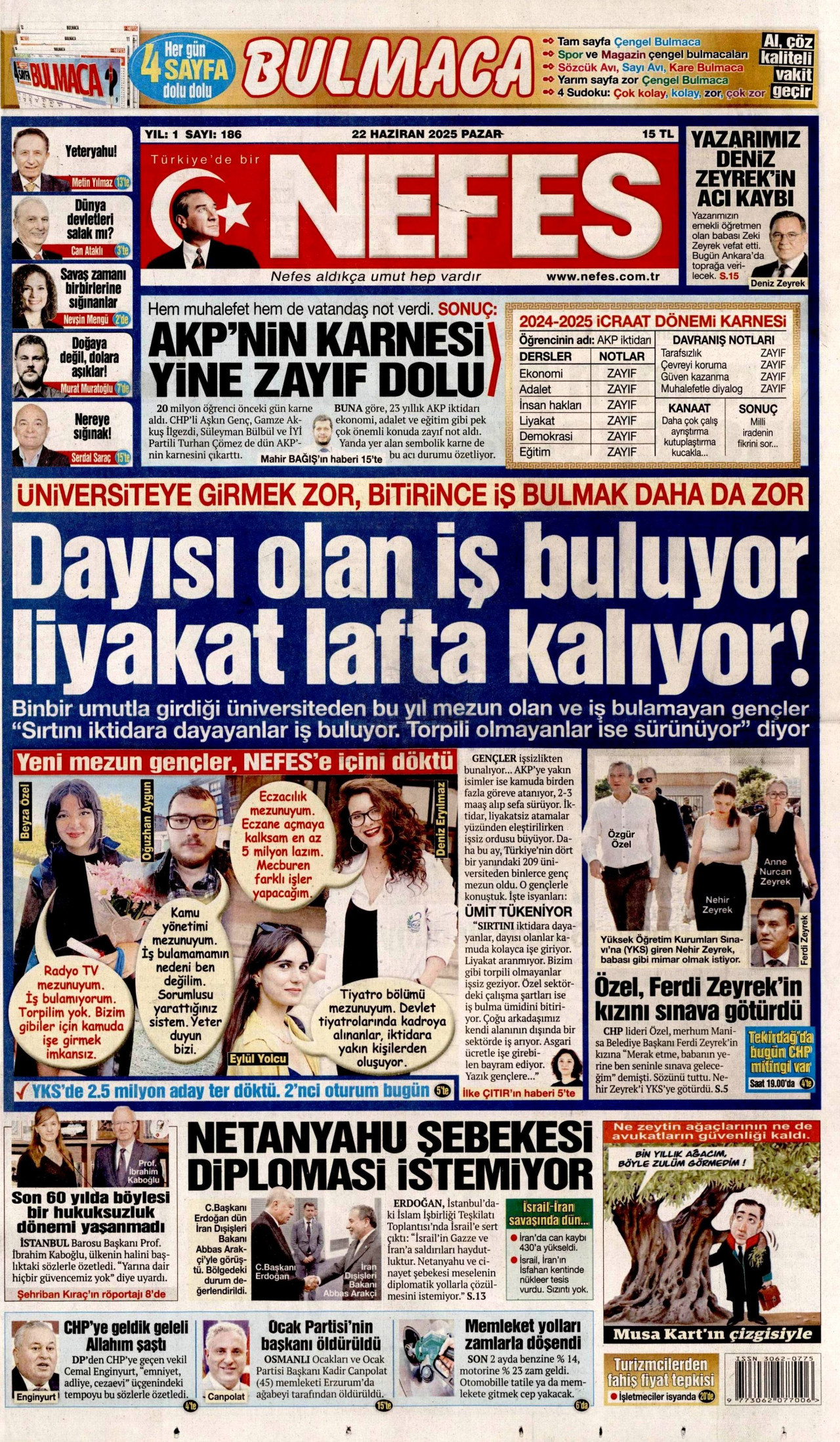 NEFES gazetesinin 22 Haziran 2025 tarihli birinci sayfası