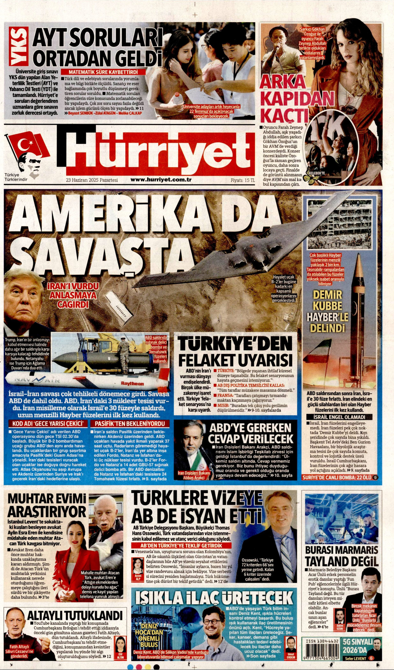 HÜRRİYET gazetesinin 23 Haziran 2025 tarihli birinci sayfası