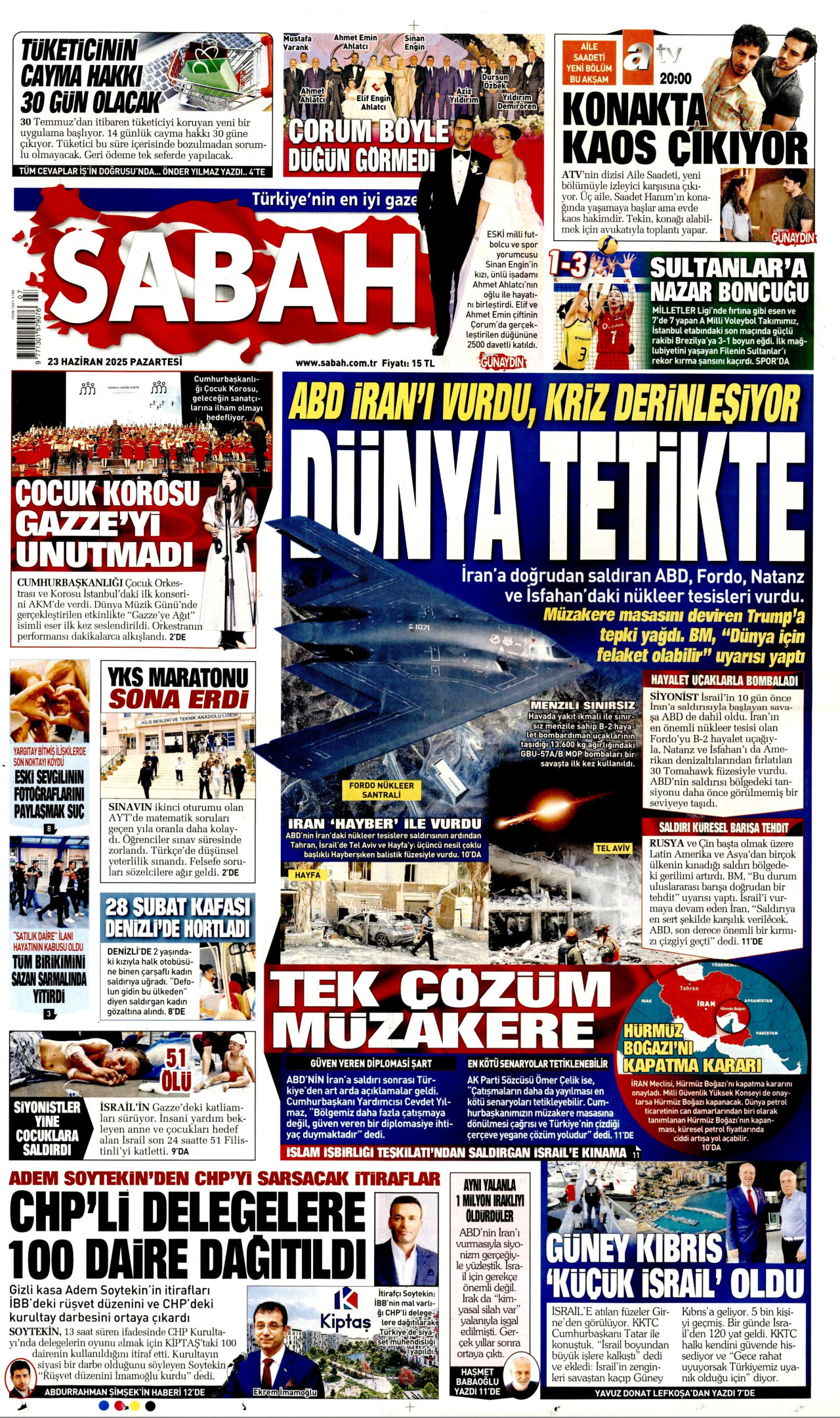SABAH gazetesinin 23 Haziran 2025 tarihli birinci sayfası