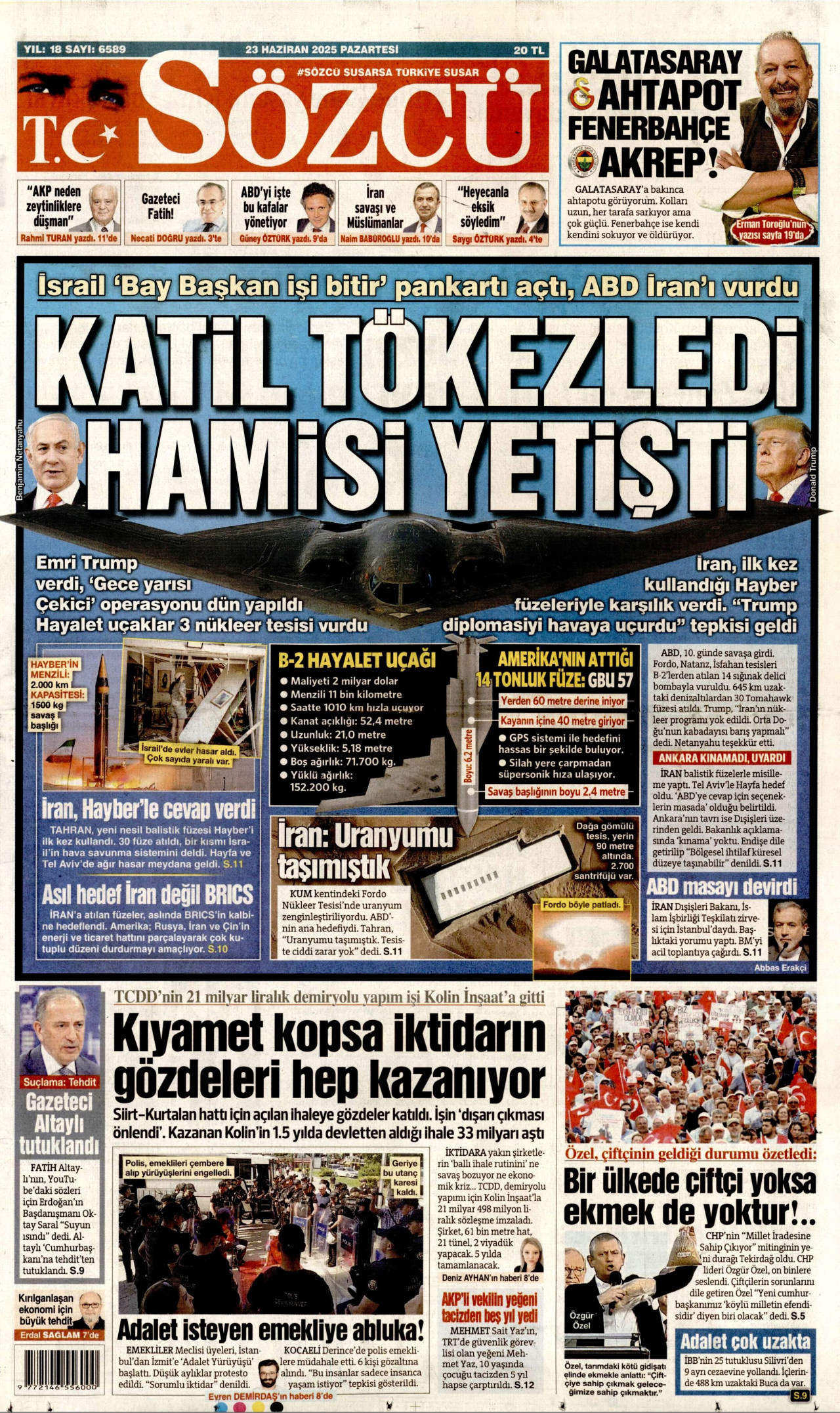 SÖZCÜ gazetesinin 23 Haziran 2025 tarihli birinci sayfası