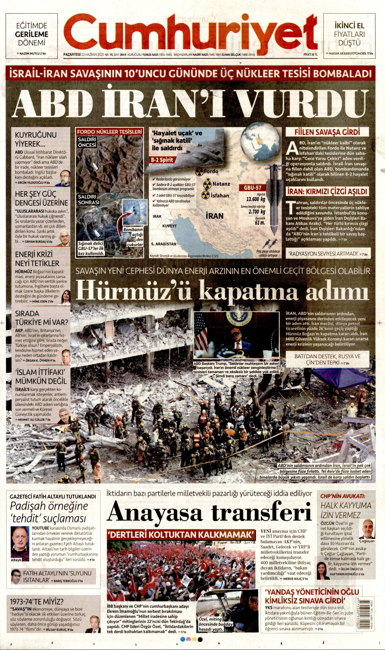 CUMHURİYET gazetesinin 23 Haziran 2025 tarihli birinci sayfası