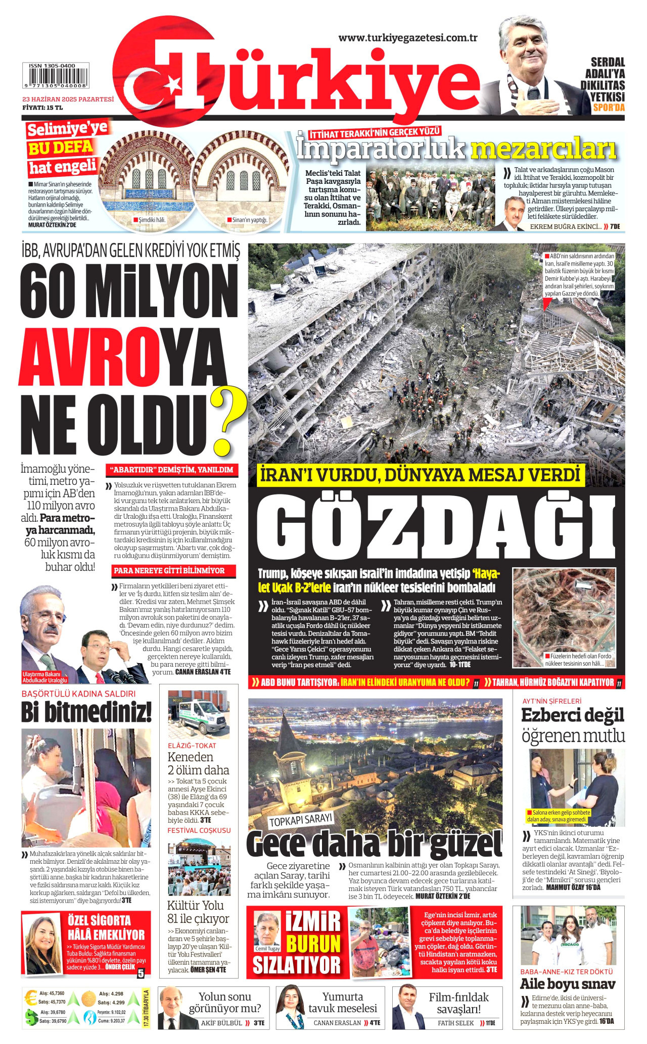 TÜRKİYE GAZETESİ gazetesinin 23 Haziran 2025 tarihli birinci sayfası