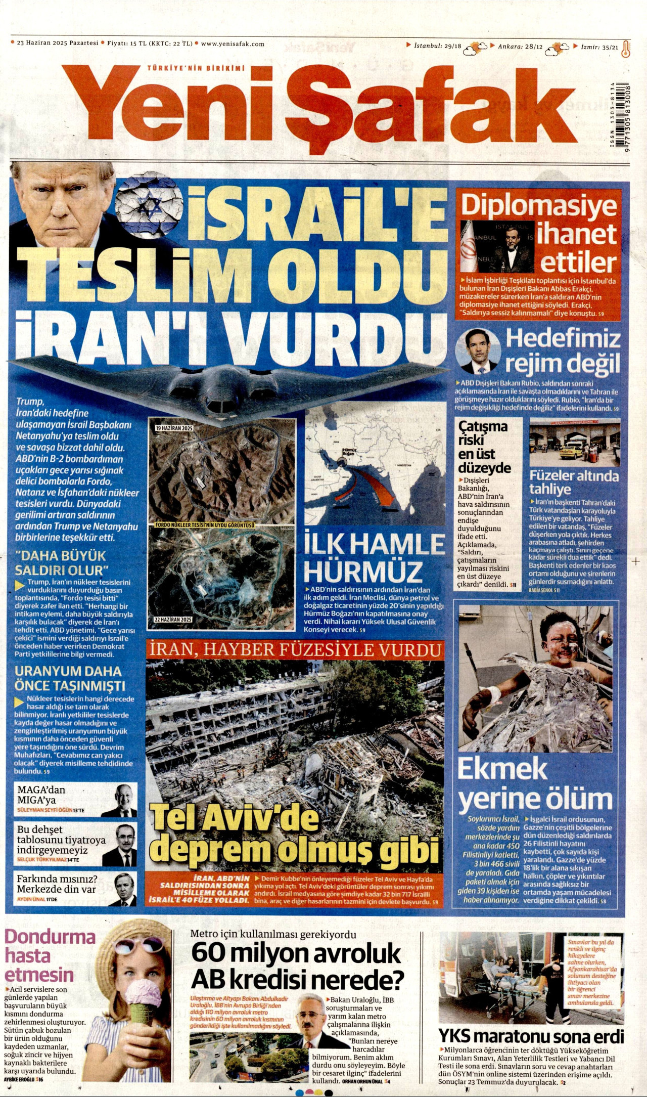 YENİ ŞAFAK gazetesinin 23 Haziran 2025 tarihli birinci sayfası