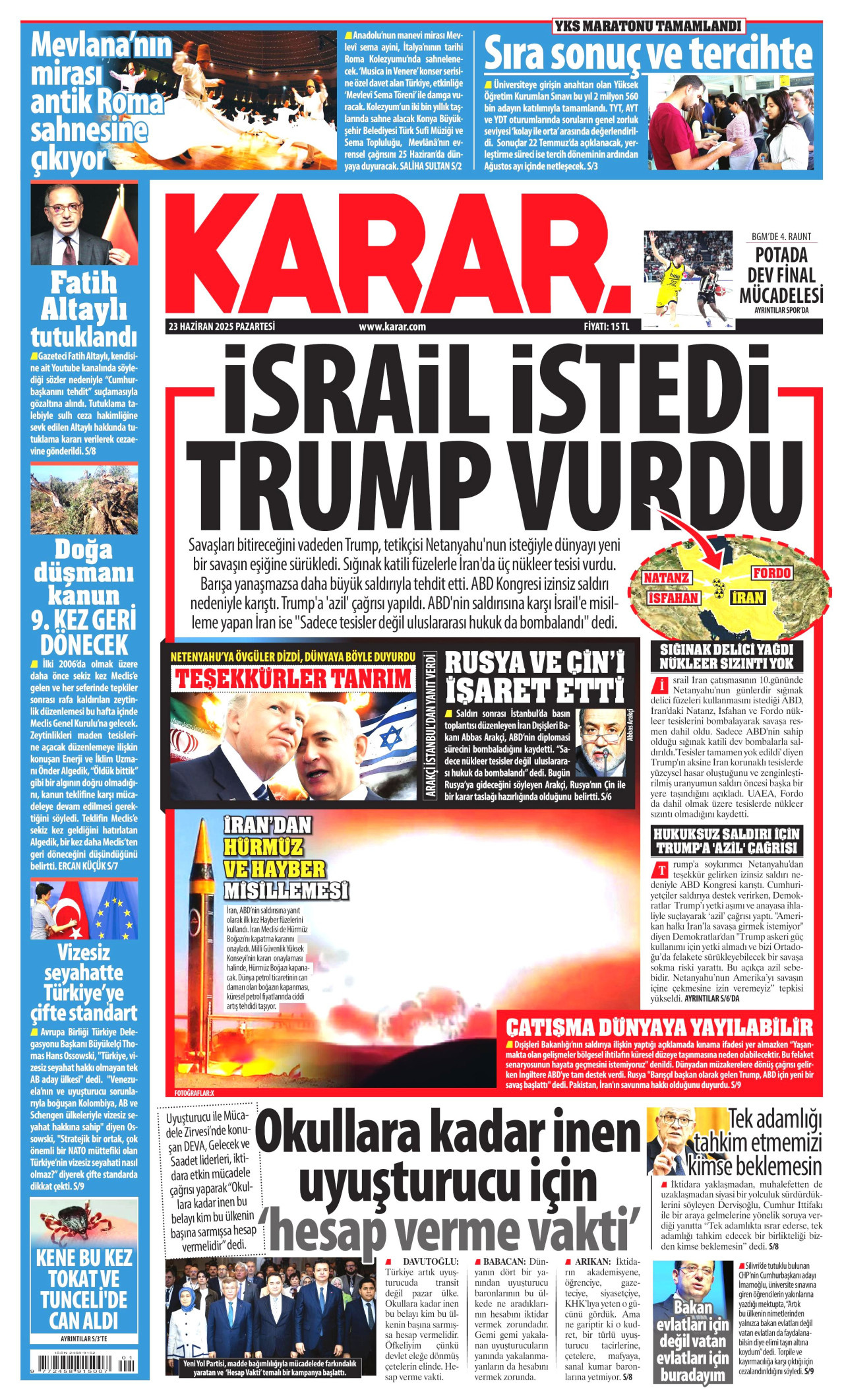 KARAR gazetesinin 23 Haziran 2025 tarihli birinci sayfası