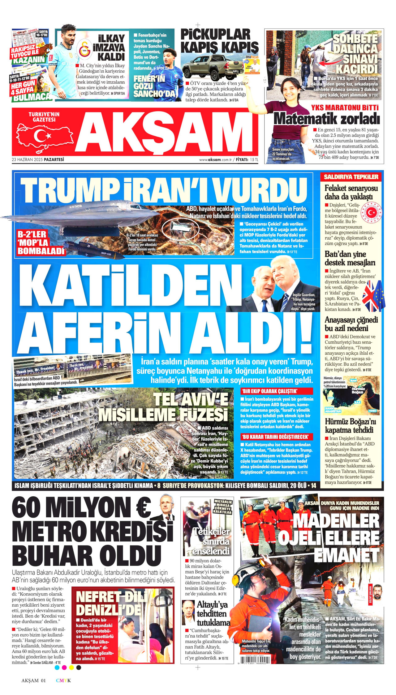 AKŞAM gazetesinin 23 Haziran 2025 tarihli birinci sayfası