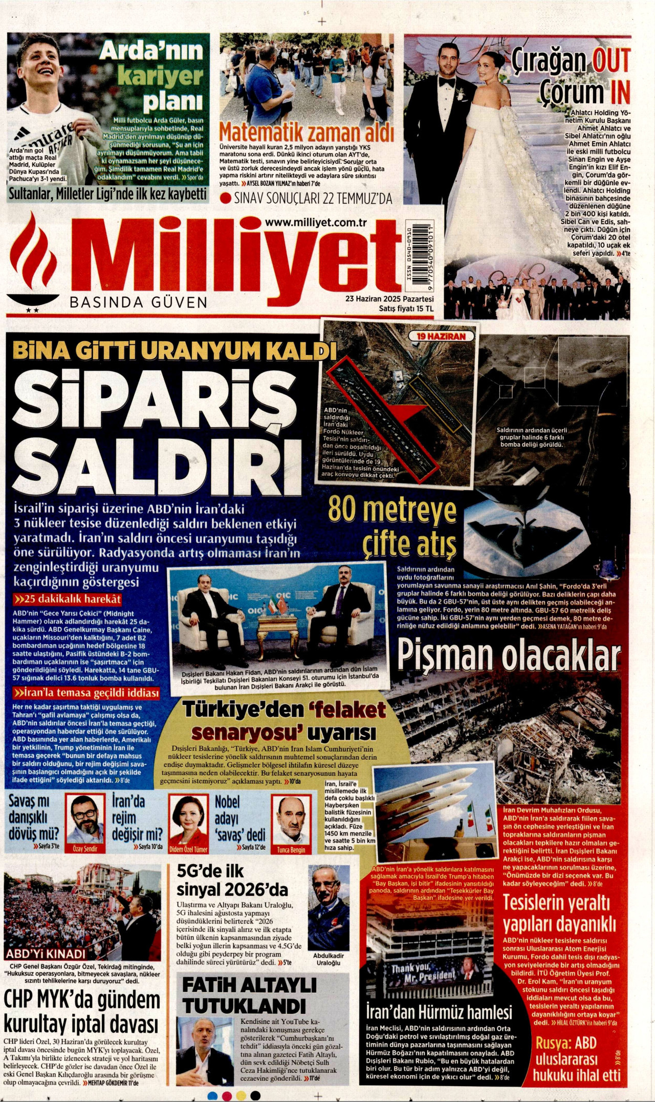 MİLLİYET gazetesinin 23 Haziran 2025 tarihli birinci sayfası