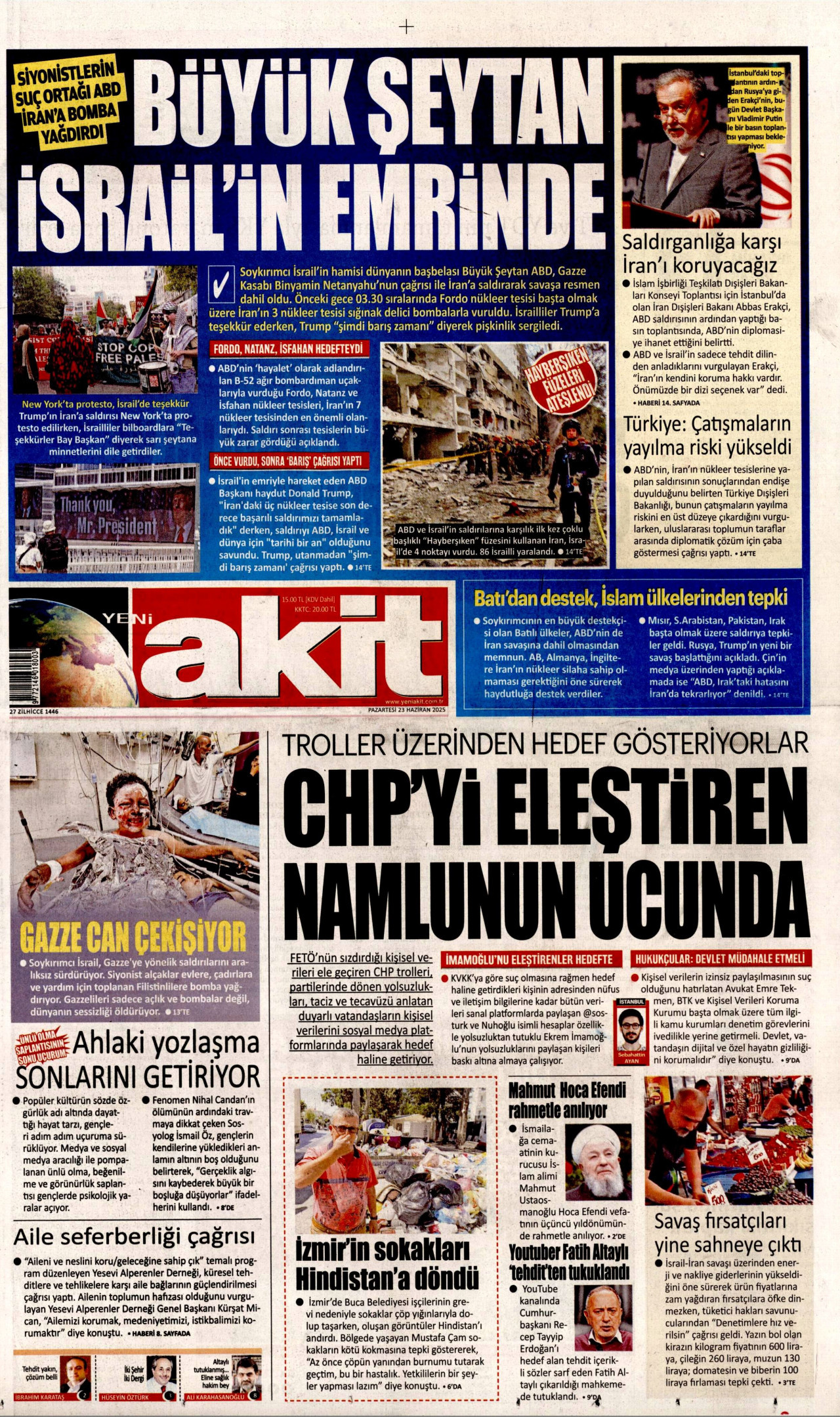 YENİ AKİT gazetesinin 23 Haziran 2025 tarihli birinci sayfası