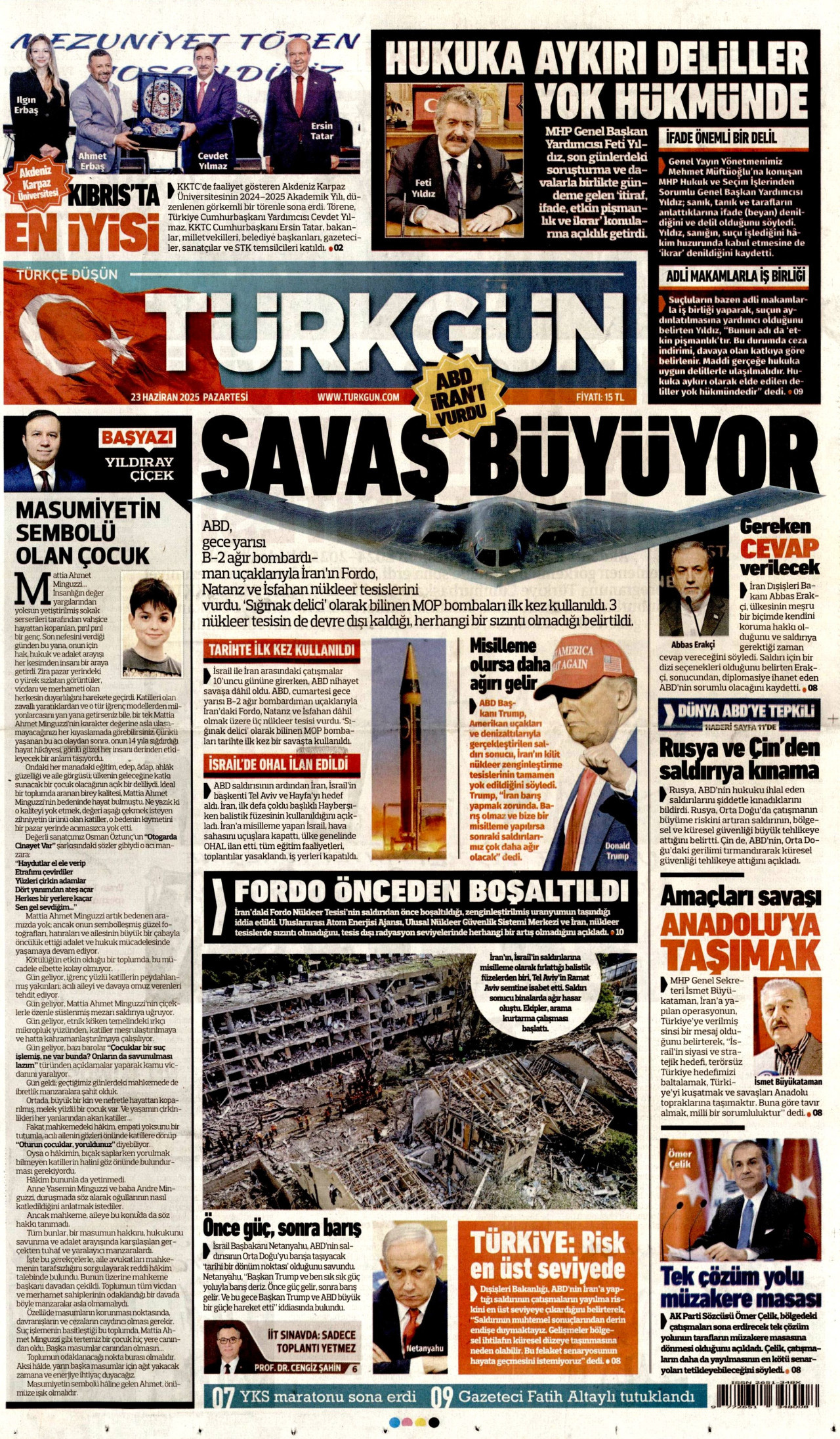 TÜRKGÜN gazetesinin 23 Haziran 2025 tarihli birinci sayfası
