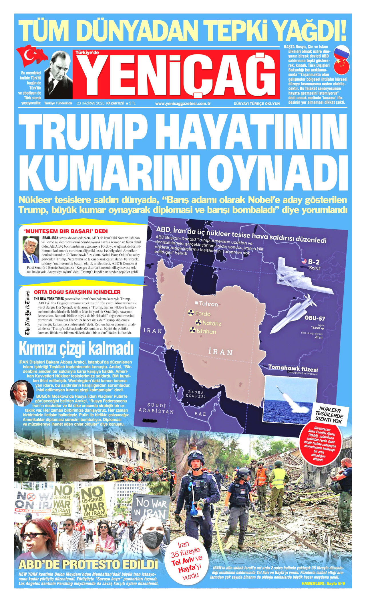 YENİÇAĞ gazetesinin 23 Haziran 2025 tarihli birinci sayfası