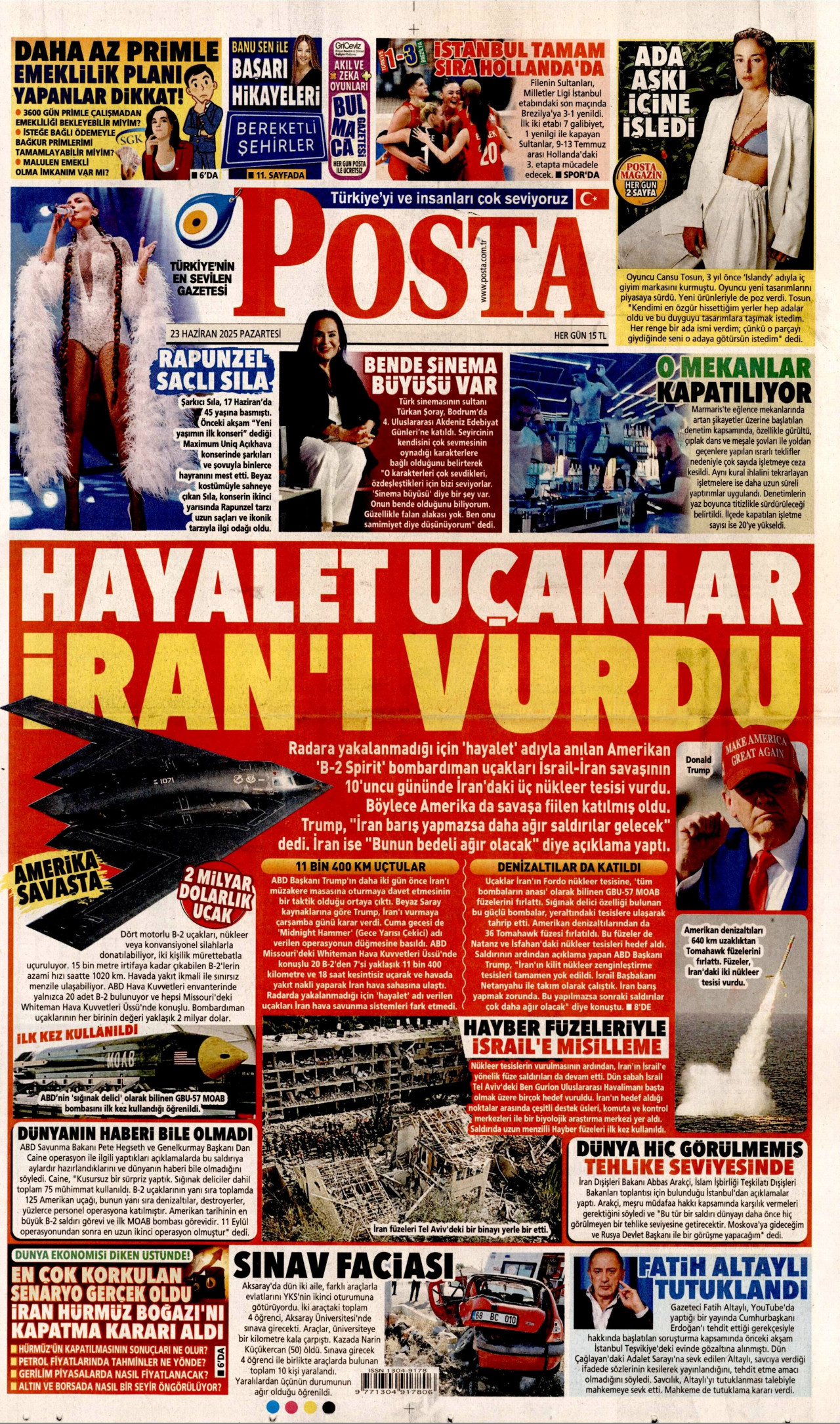 POSTA gazetesinin 23 Haziran 2025 tarihli birinci sayfası