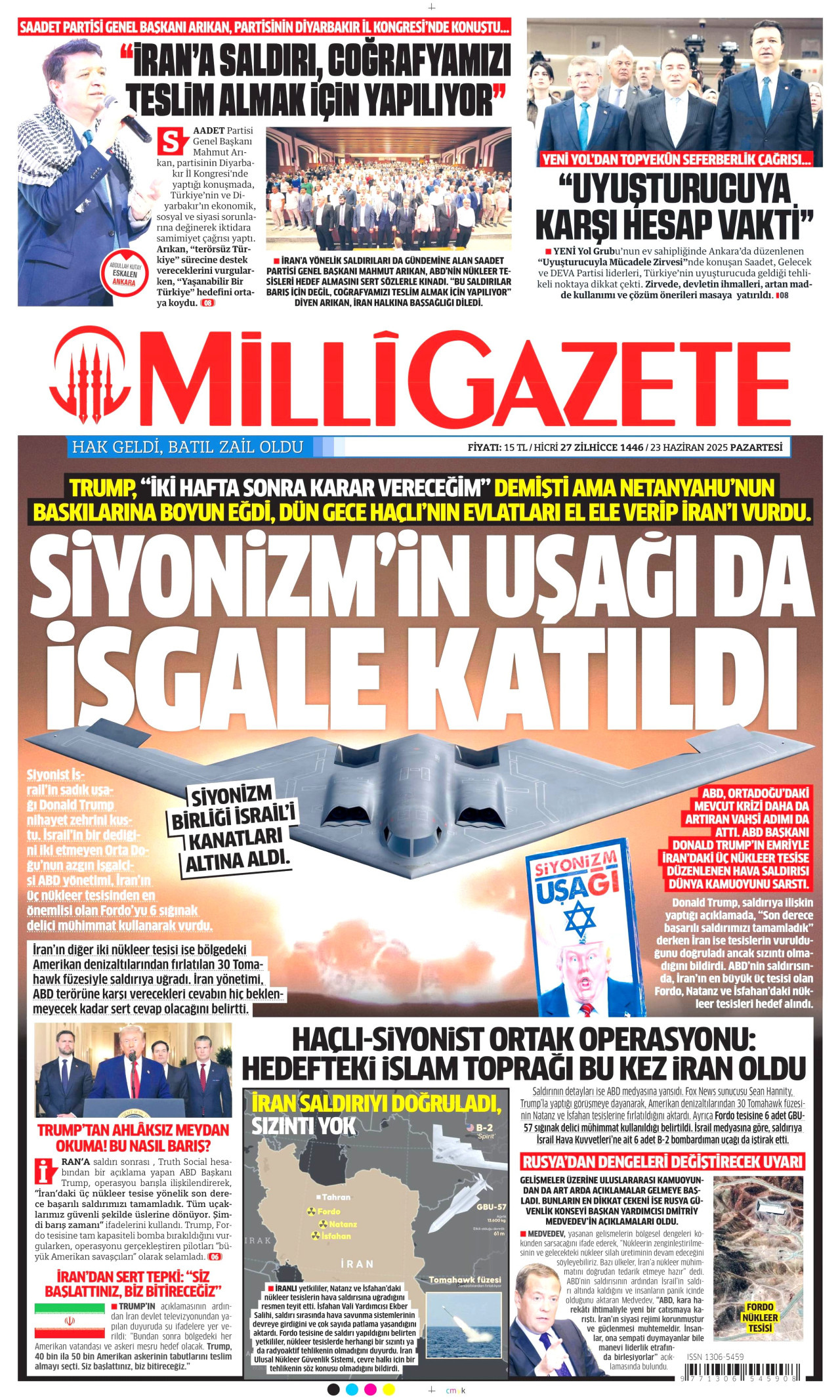 MİLLİ GAZETE gazetesinin 23 Haziran 2025 tarihli birinci sayfası