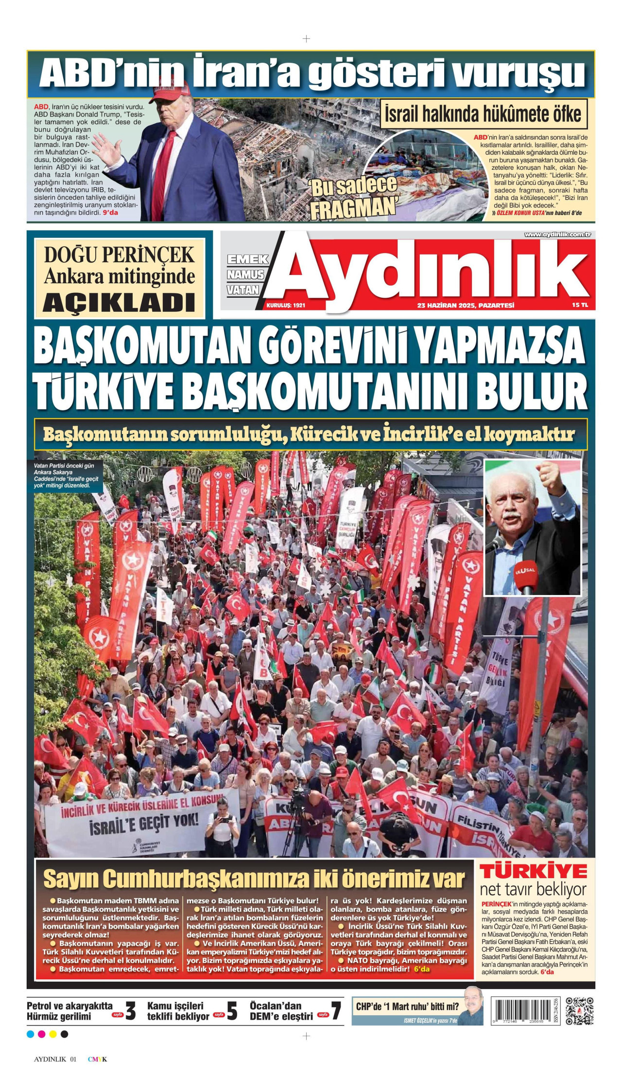 AYDINLIK GAZETESİ gazetesinin 23 Haziran 2025 tarihli birinci sayfası