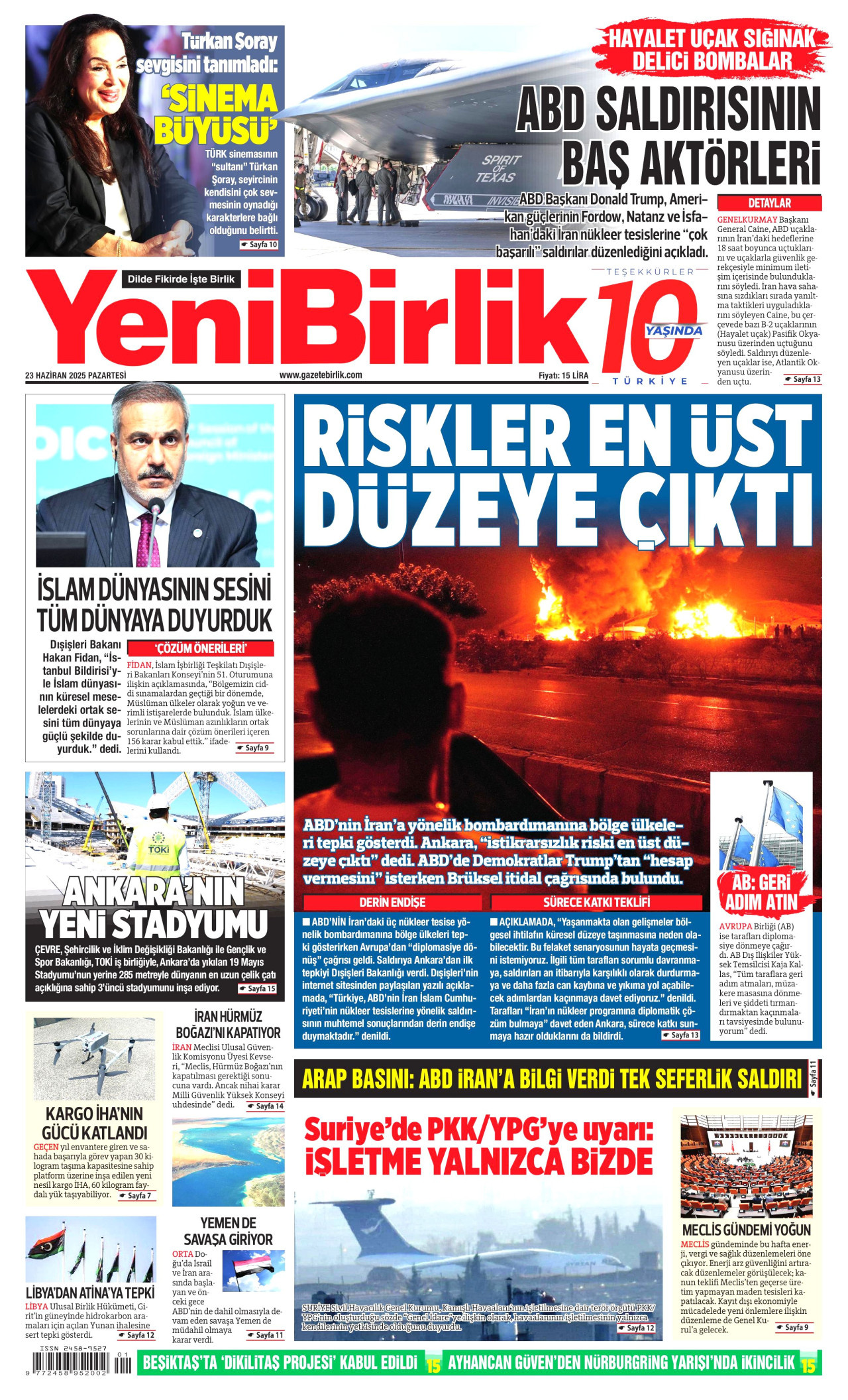 YENİBİRLİK gazetesinin 23 Haziran 2025 tarihli birinci sayfası