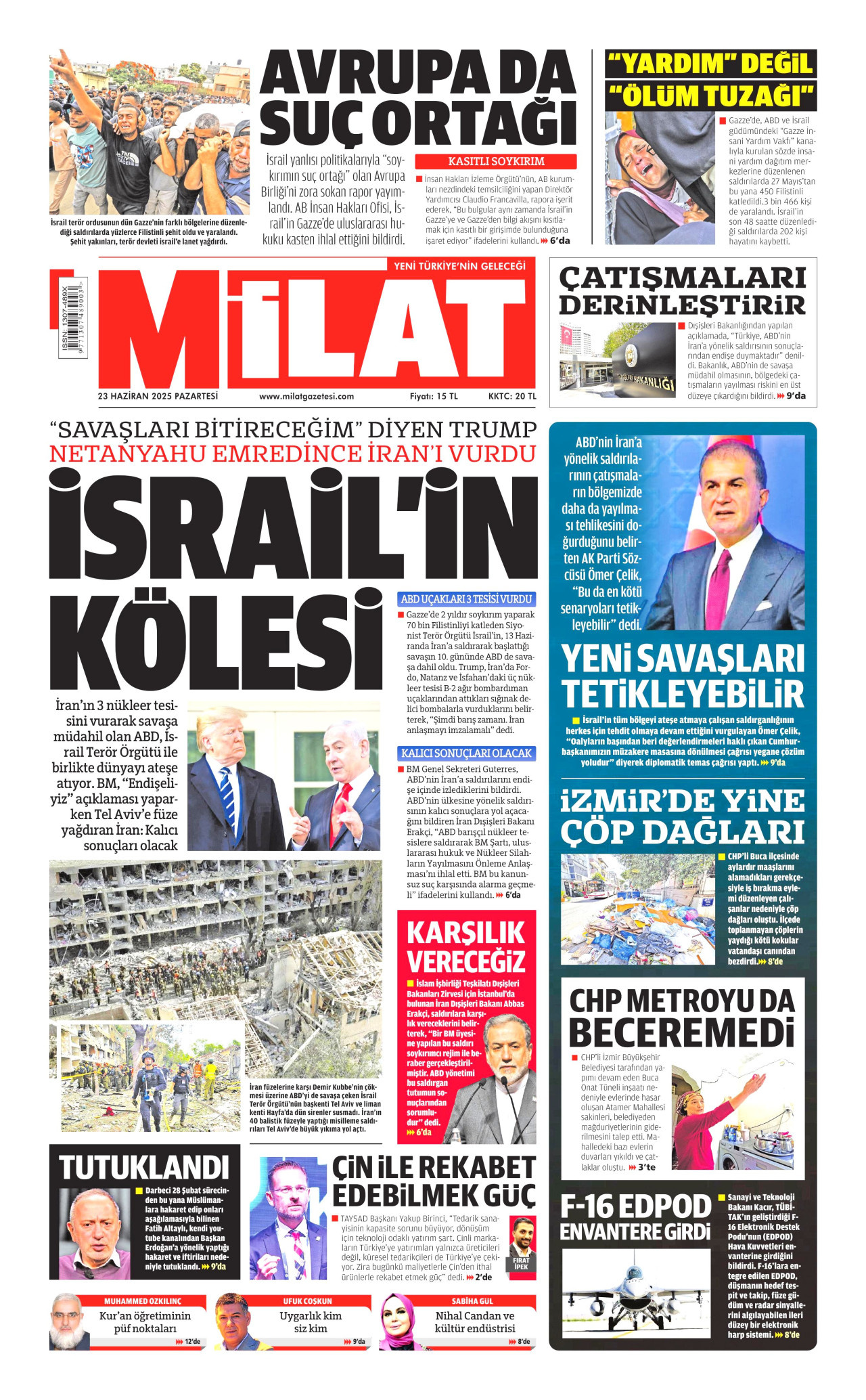 MİLAT gazetesinin 23 Haziran 2025 tarihli birinci sayfası