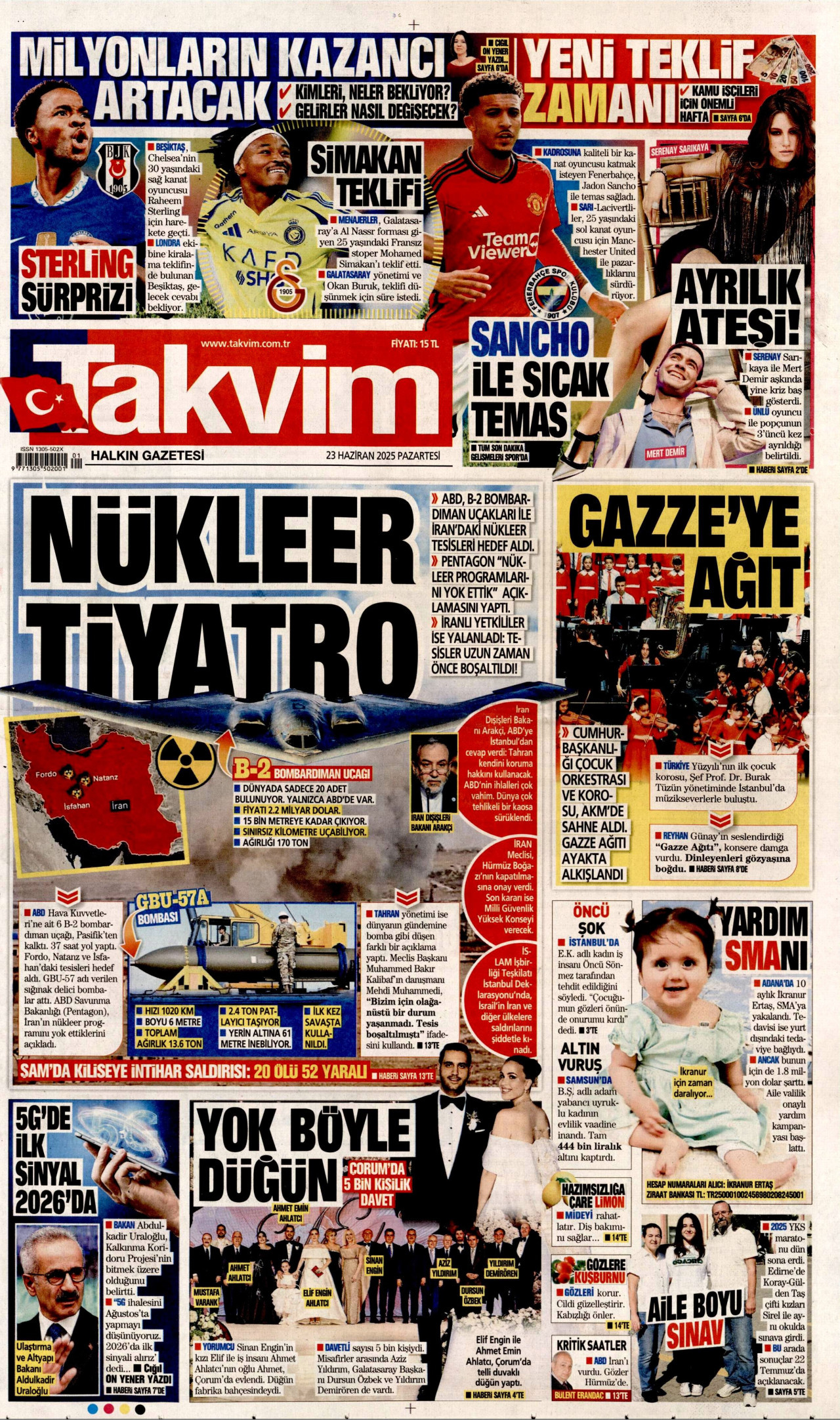 TAKVİM gazetesinin 23 Haziran 2025 tarihli birinci sayfası