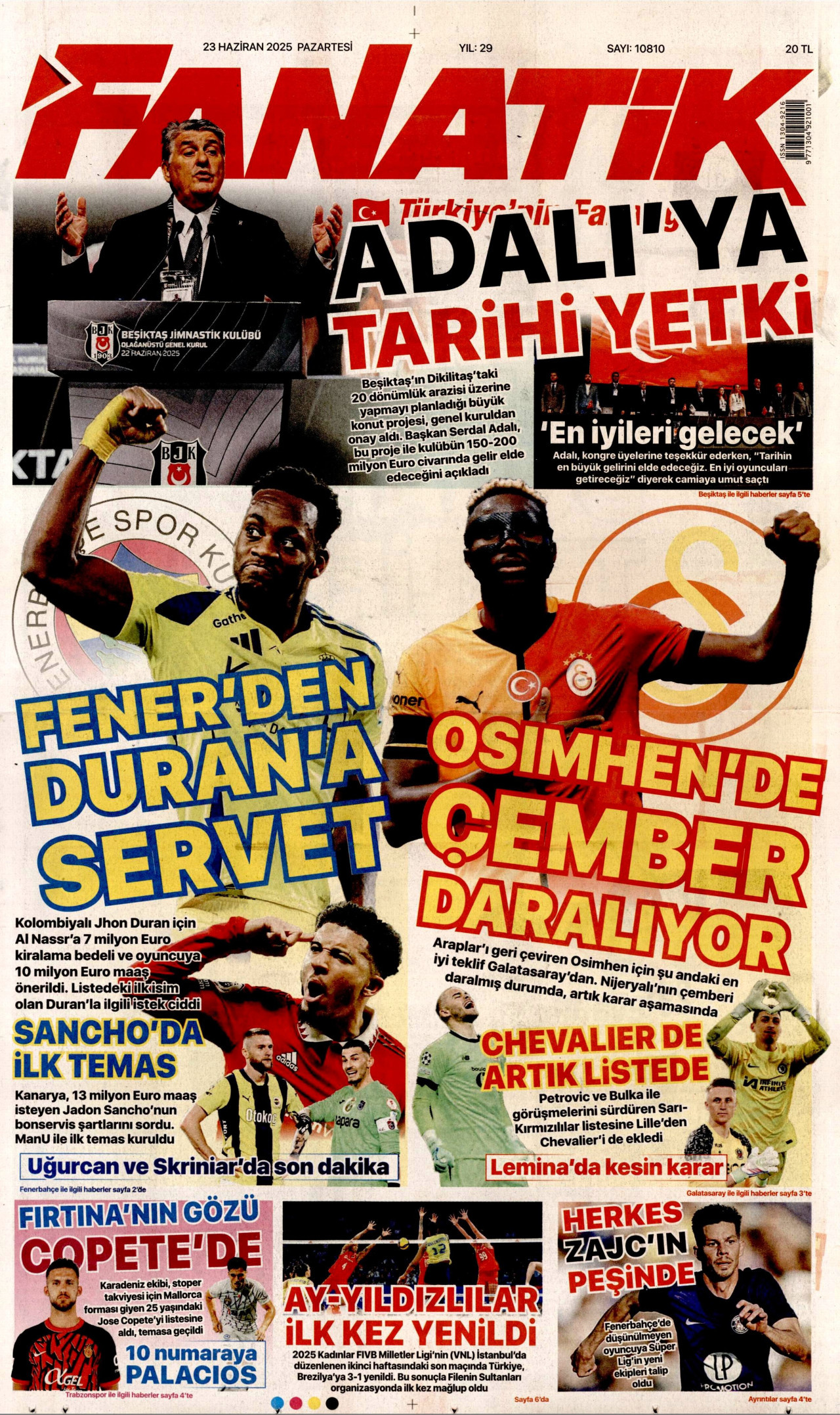 FANATİK gazetesinin 23 Haziran 2025 tarihli birinci sayfası