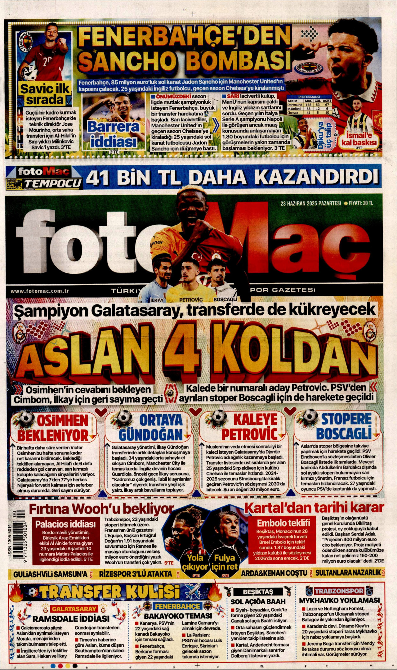 FOTOMAÇ gazetesinin 23 Haziran 2025 tarihli birinci sayfası