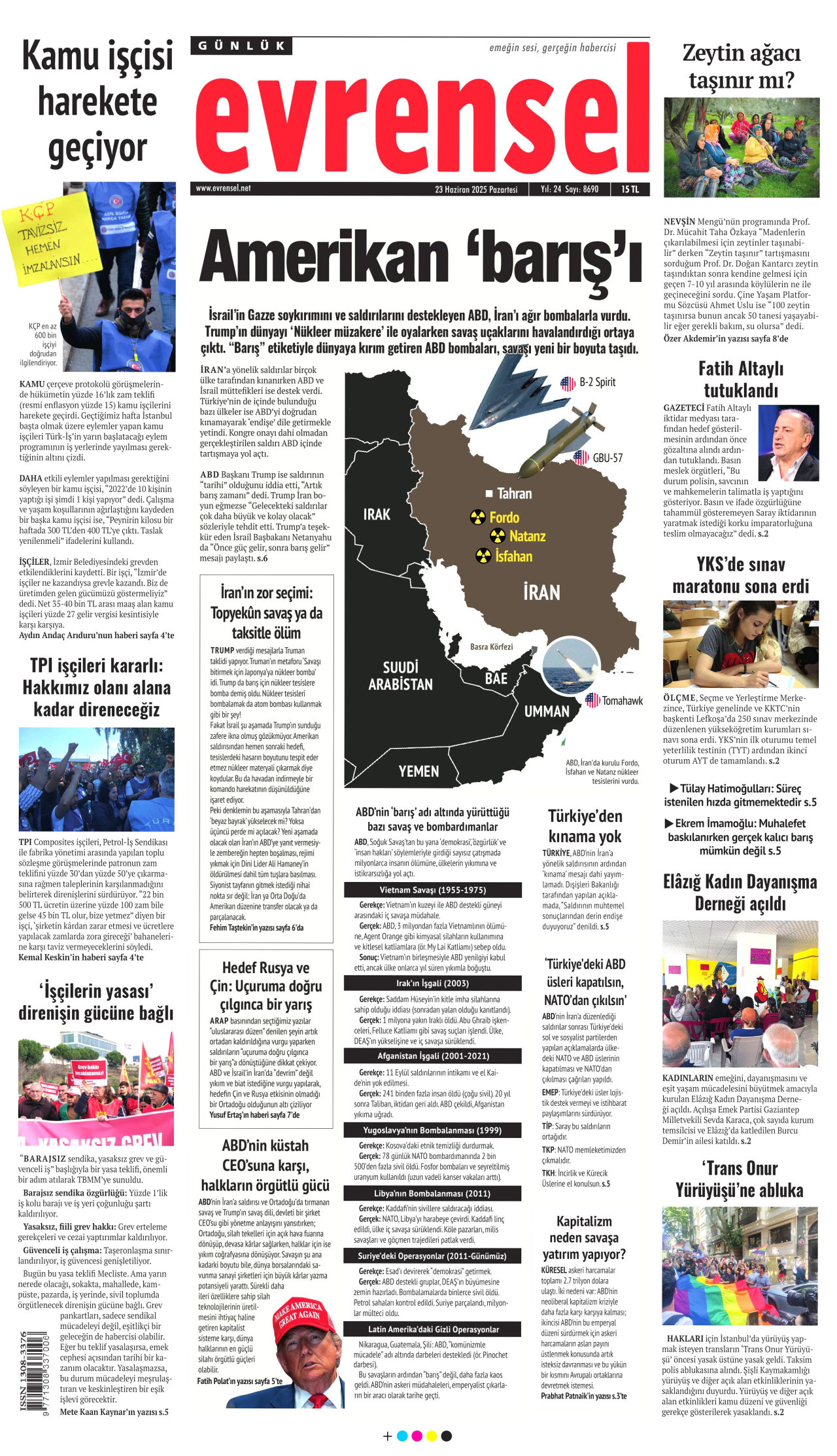 EVRENSEL gazetesinin 23 Haziran 2025 tarihli birinci sayfası