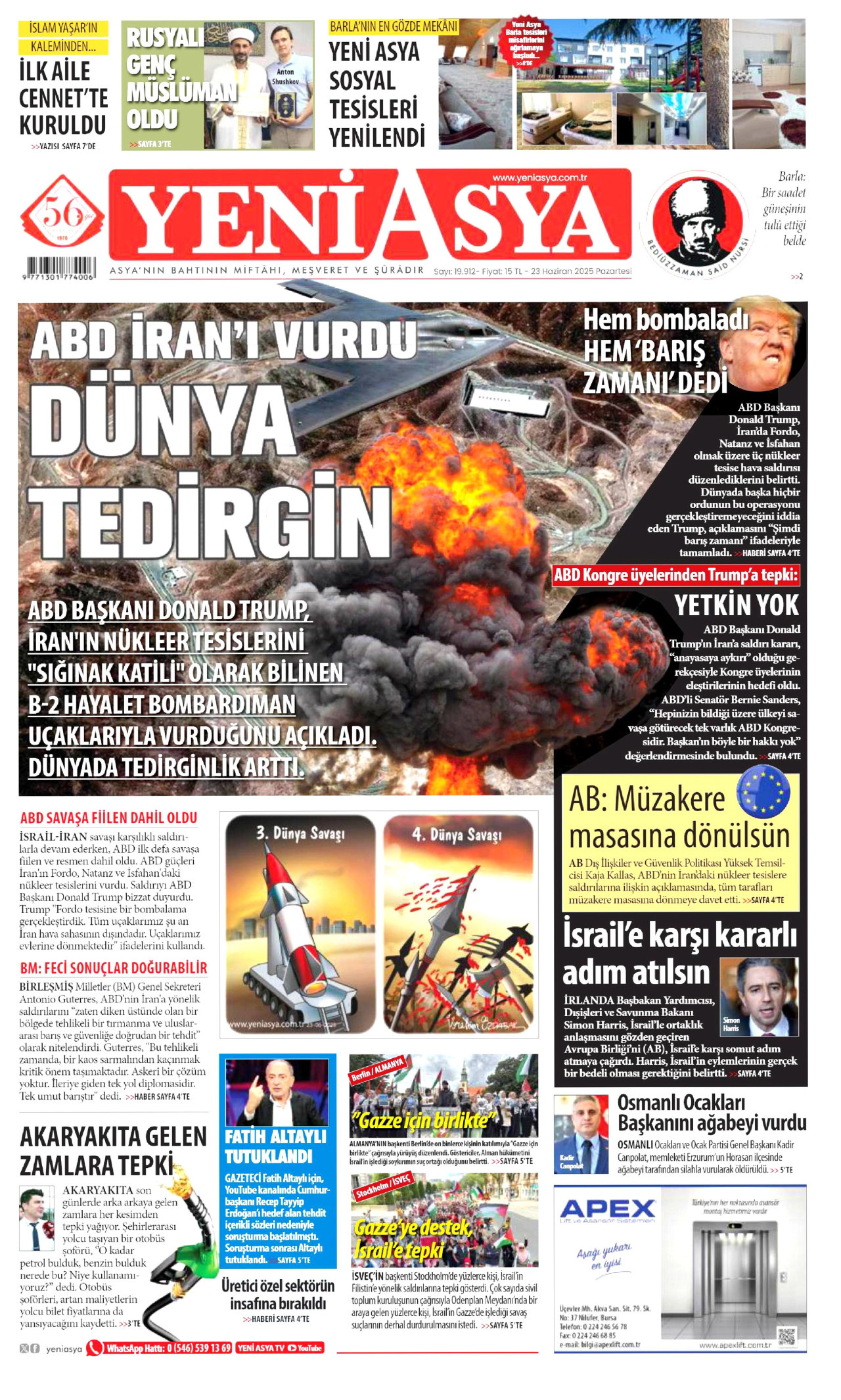 YENİ ASYA gazetesinin 23 Haziran 2025 tarihli birinci sayfası
