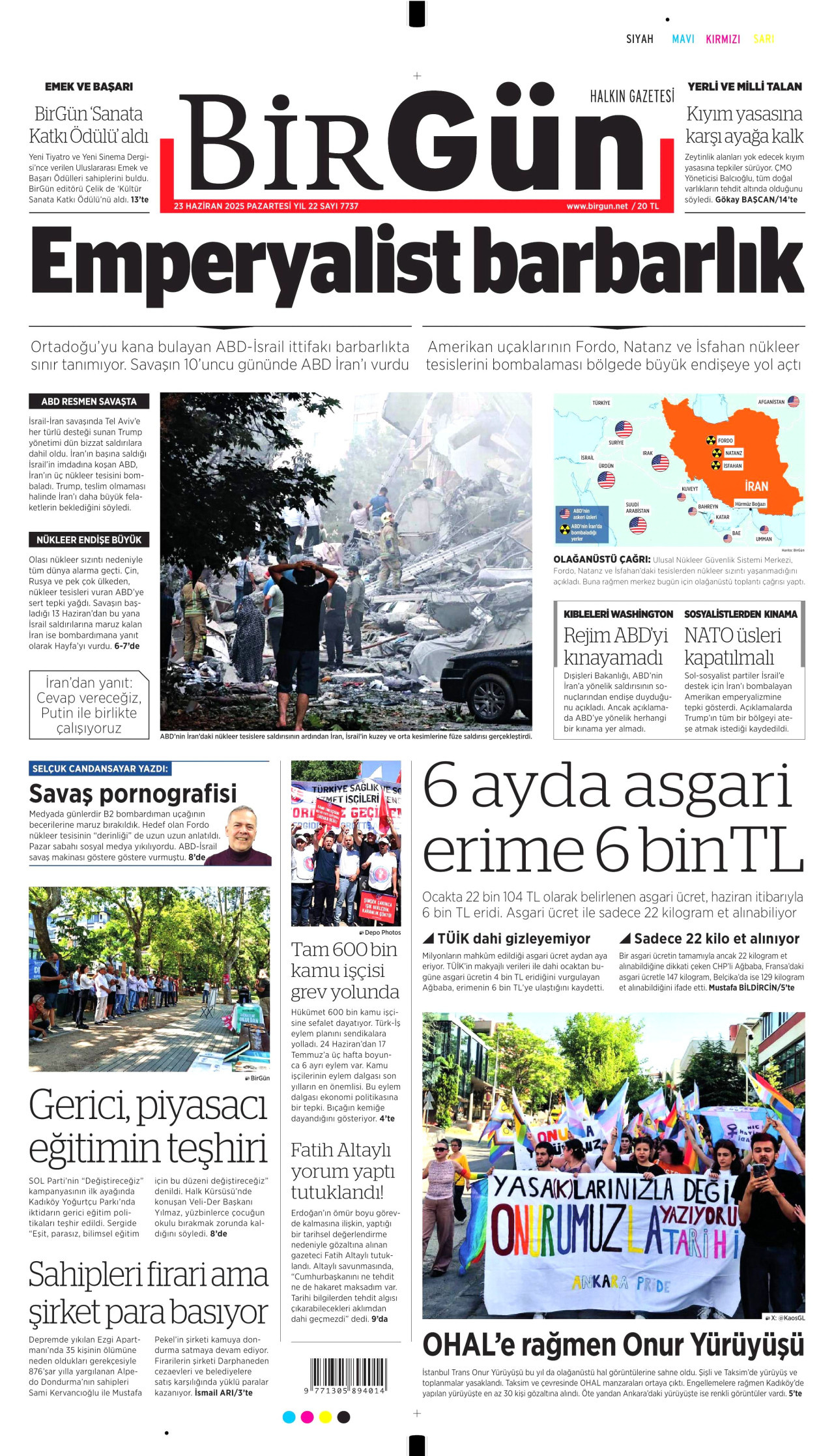 BİRGÜN gazetesinin 23 Haziran 2025 tarihli birinci sayfası