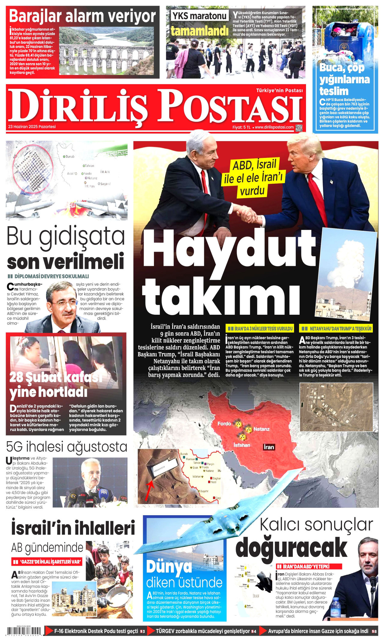 DİRİLİŞ POSTASI gazetesinin 23 Haziran 2025 tarihli birinci sayfası