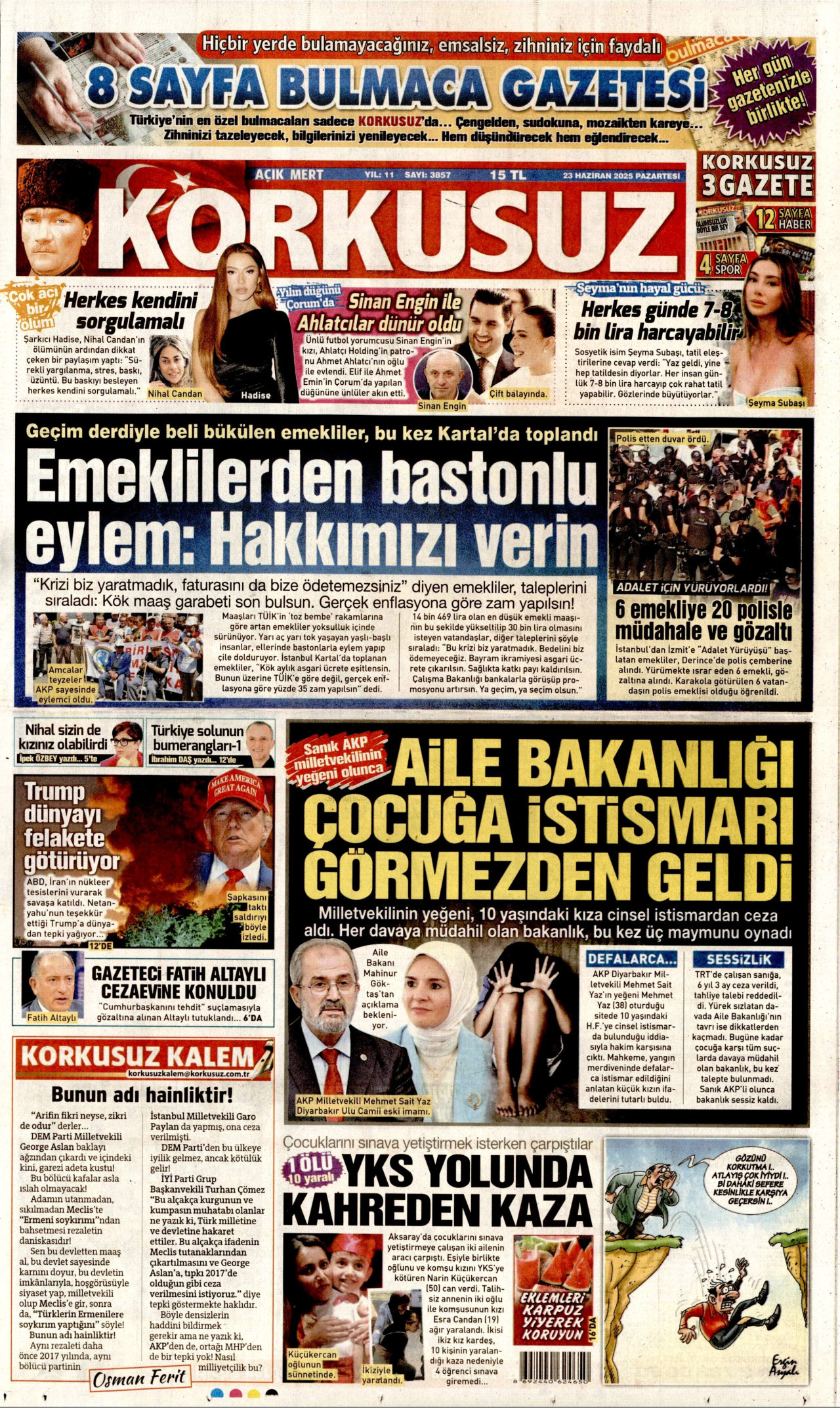 KORKUSUZ gazetesinin 23 Haziran 2025 tarihli birinci sayfası
