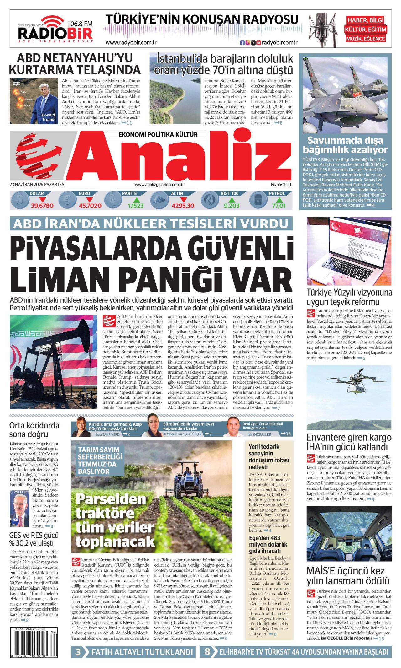 ANALİZ gazetesinin 23 Haziran 2025 tarihli birinci sayfası