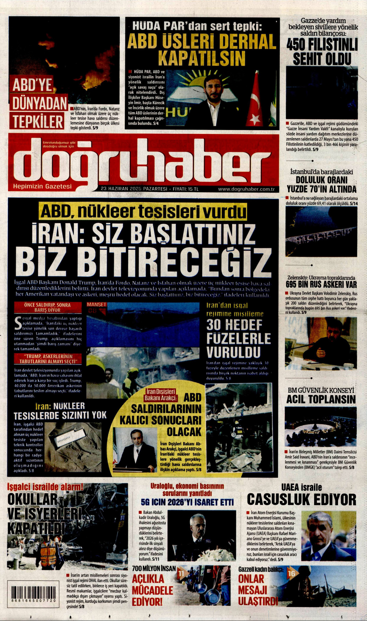 DOĞRU HABER gazetesinin 23 Haziran 2025 tarihli birinci sayfası