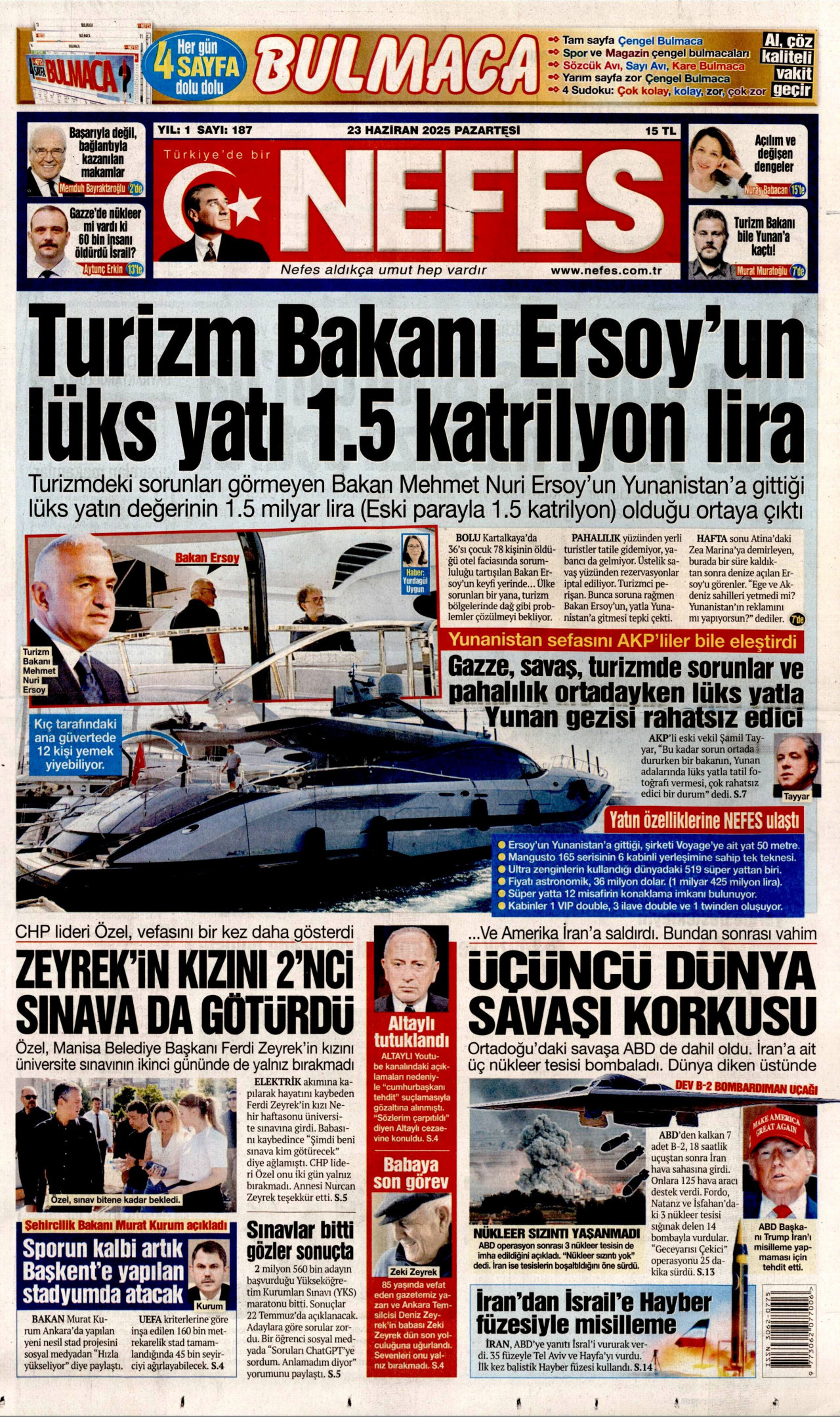 NEFES gazetesinin 23 Haziran 2025 tarihli birinci sayfası