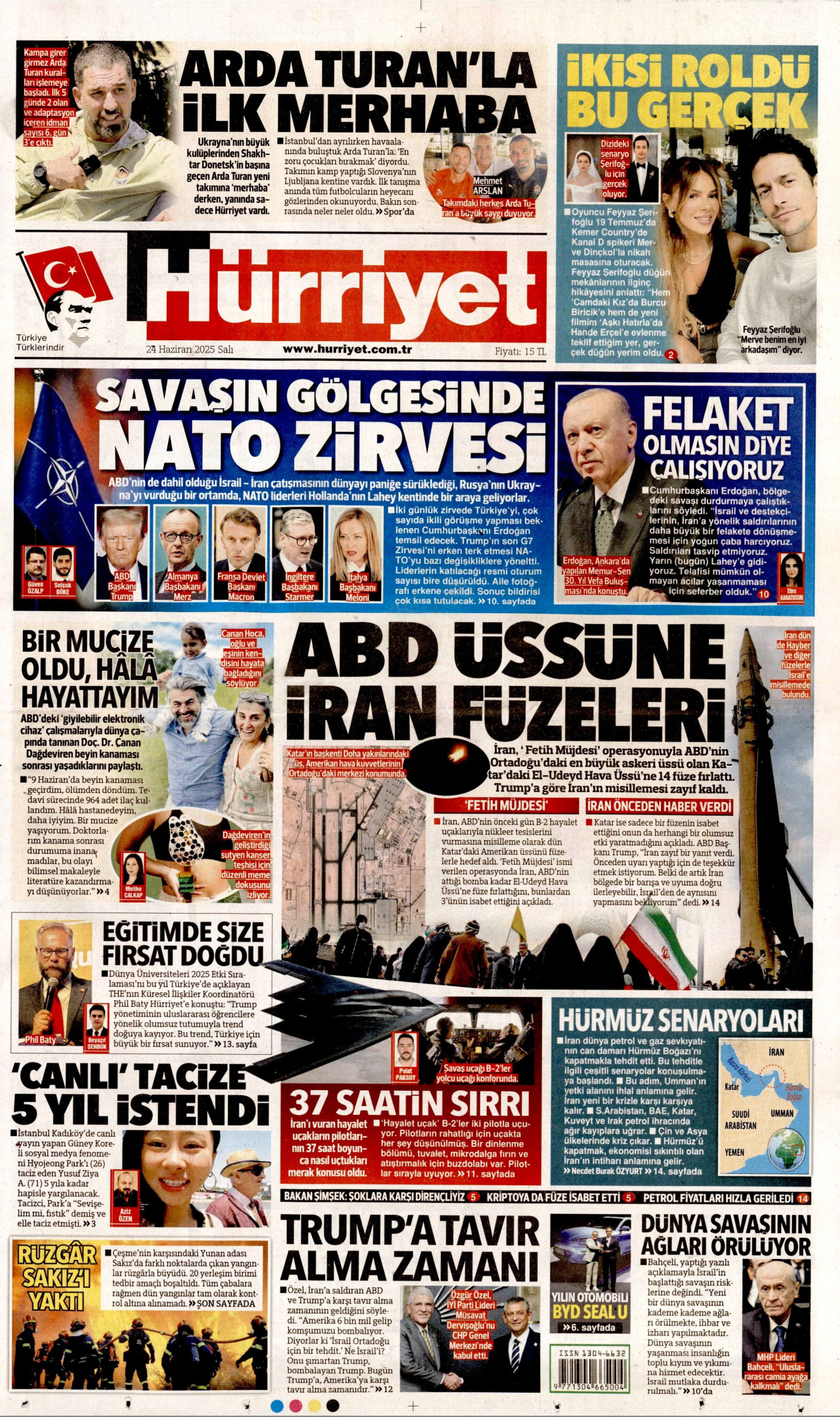 HÜRRİYET gazetesinin 24 Haziran 2025 tarihli birinci sayfası