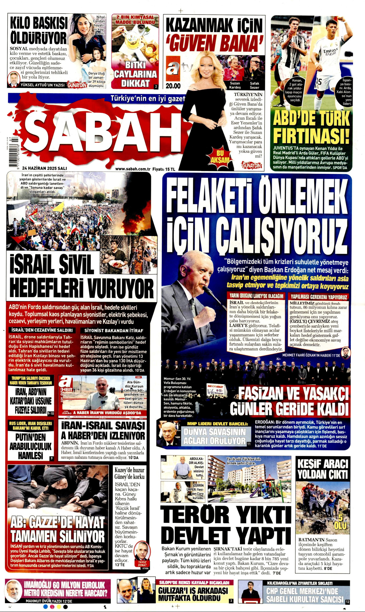 SABAH gazetesinin 24 Haziran 2025 tarihli birinci sayfası