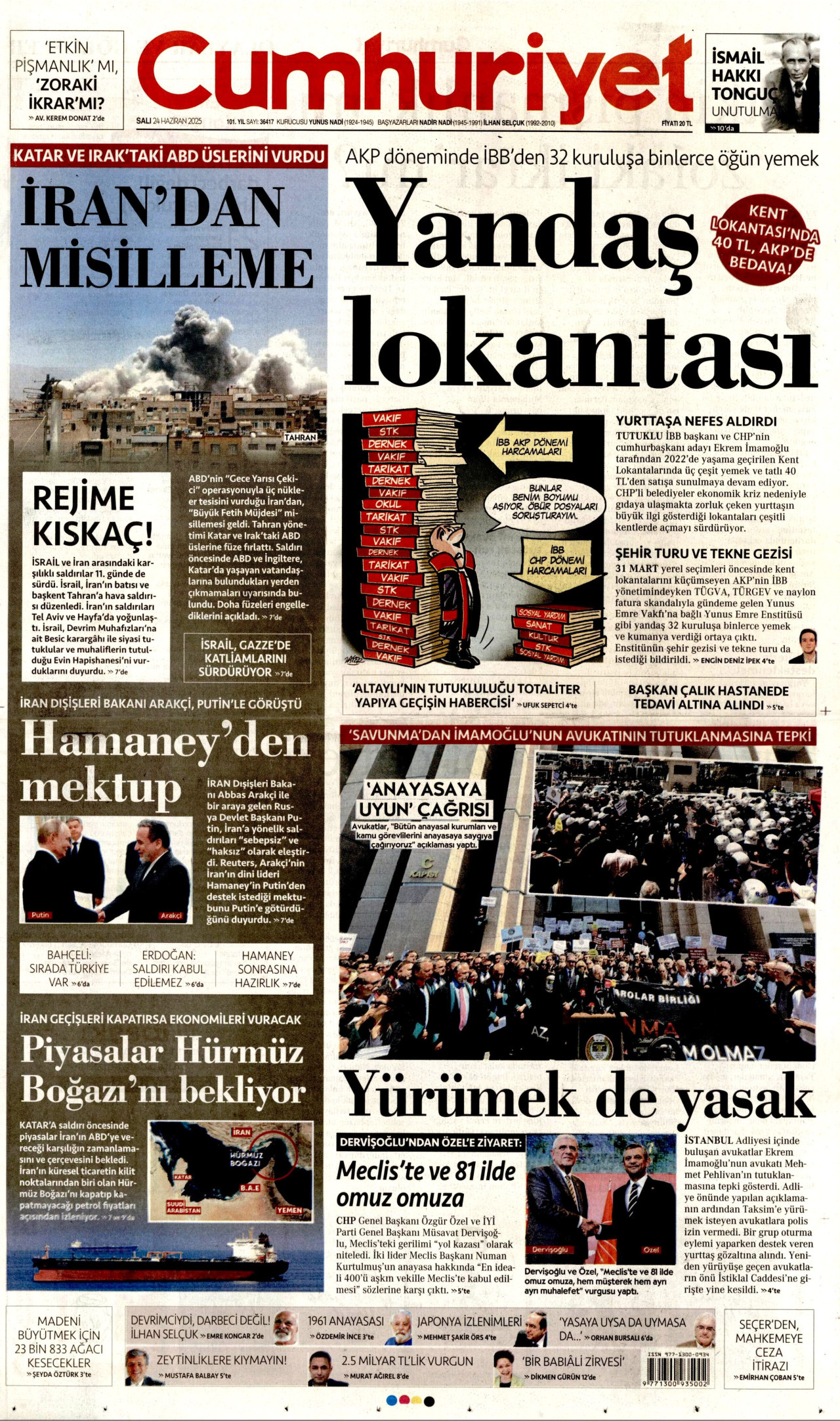 CUMHURİYET gazetesinin 24 Haziran 2025 tarihli birinci sayfası