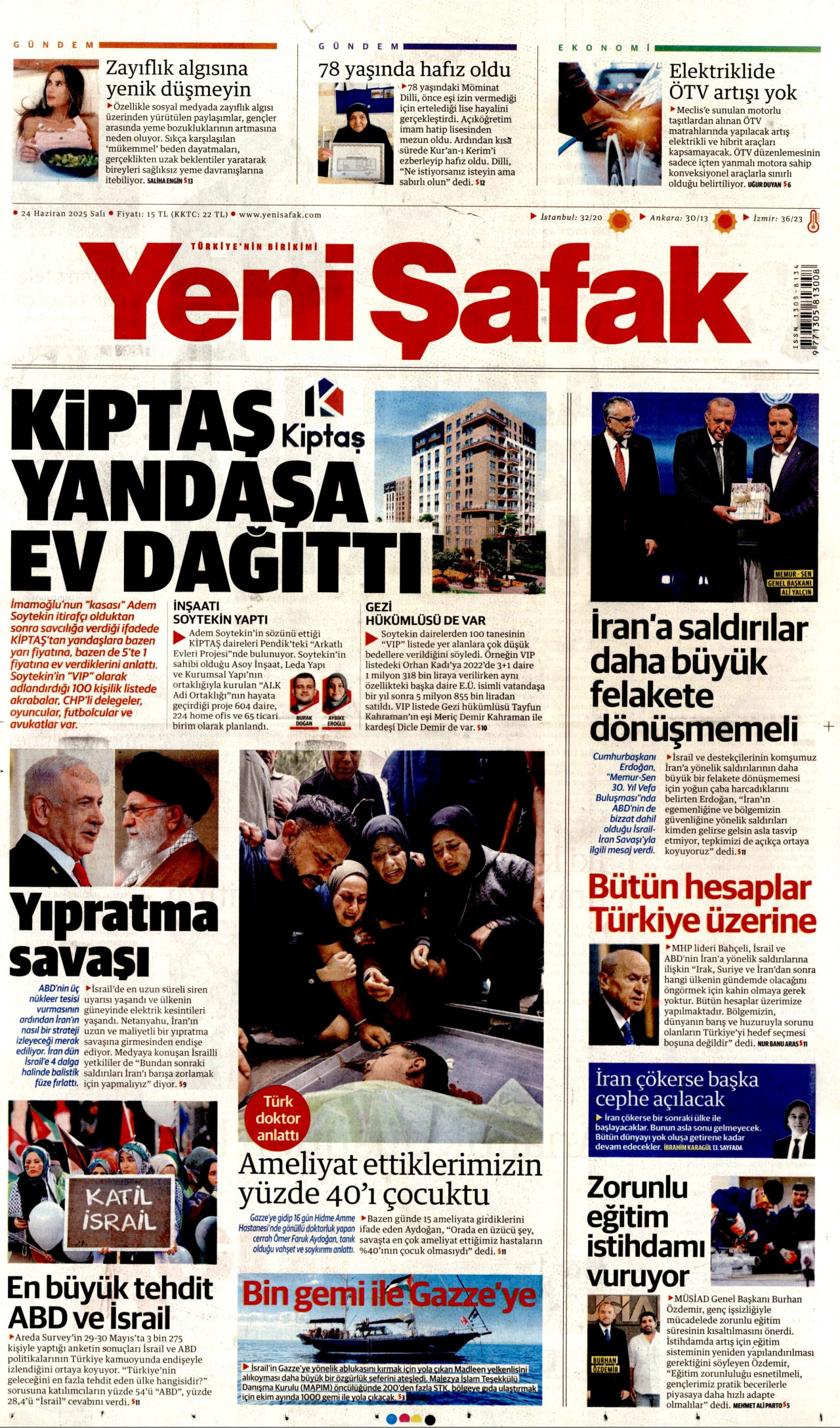 YENİ ŞAFAK gazetesinin 24 Haziran 2025 tarihli birinci sayfası