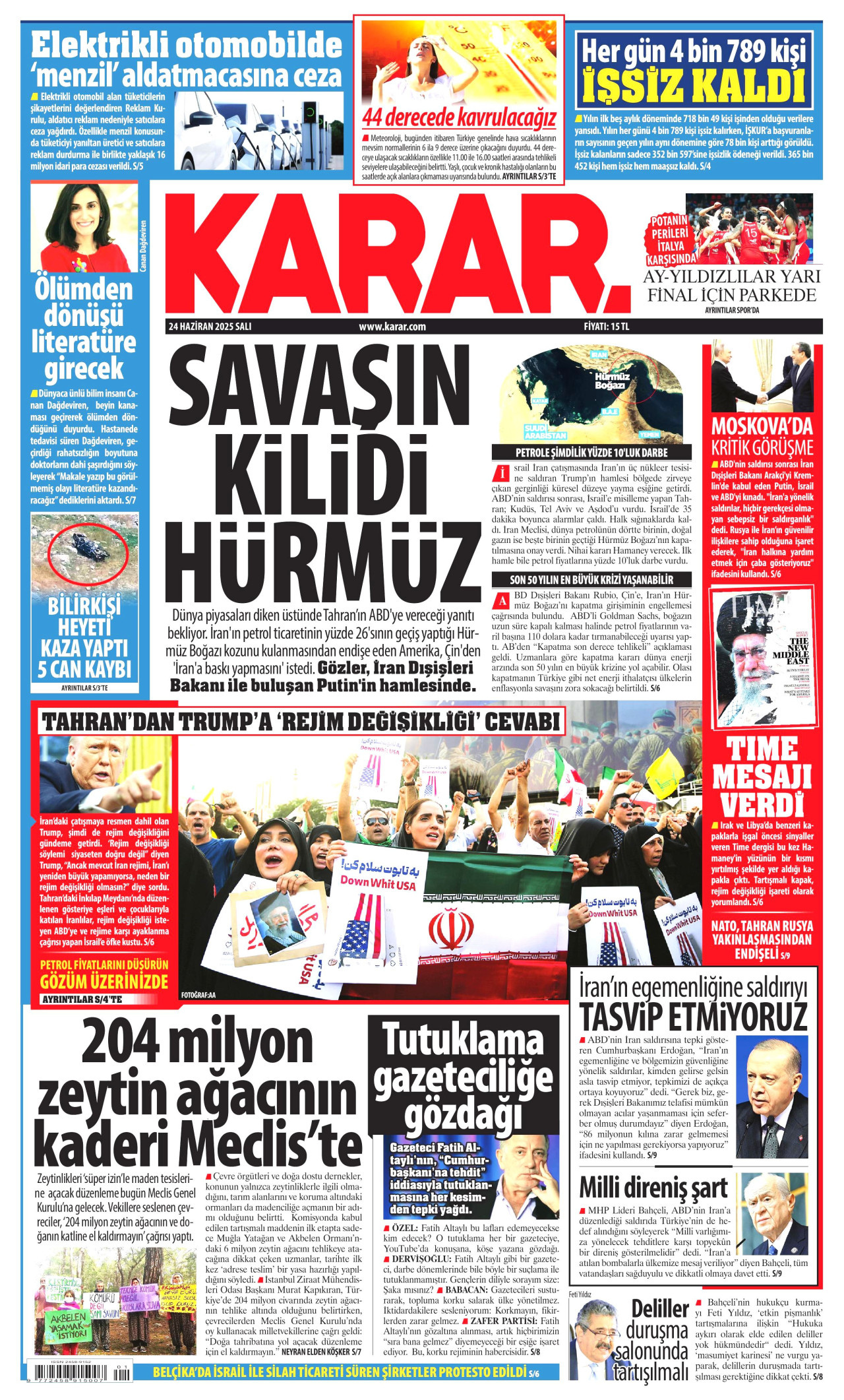 KARAR gazetesinin 24 Haziran 2025 tarihli birinci sayfası