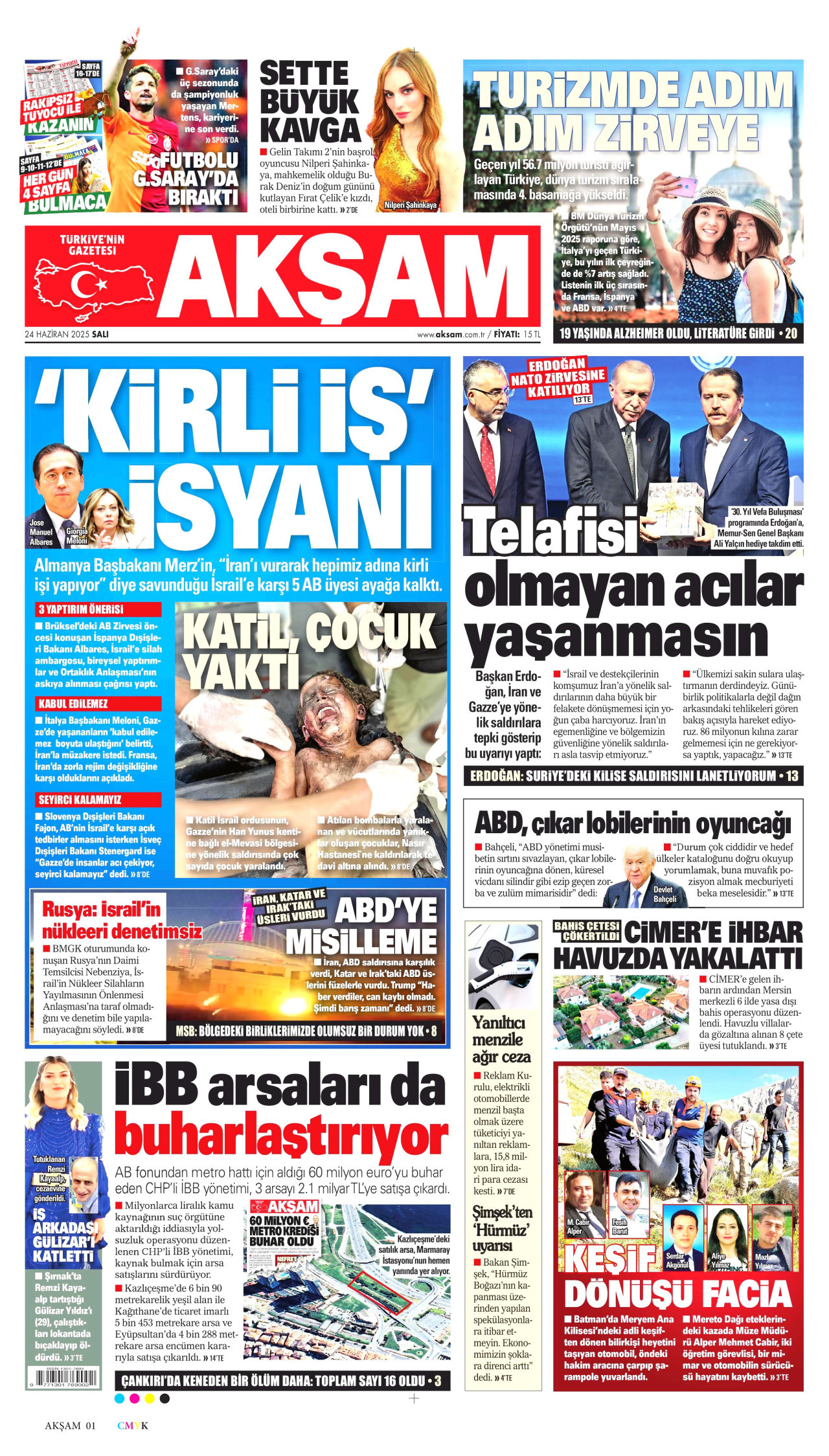 AKŞAM gazetesinin 24 Haziran 2025 tarihli birinci sayfası