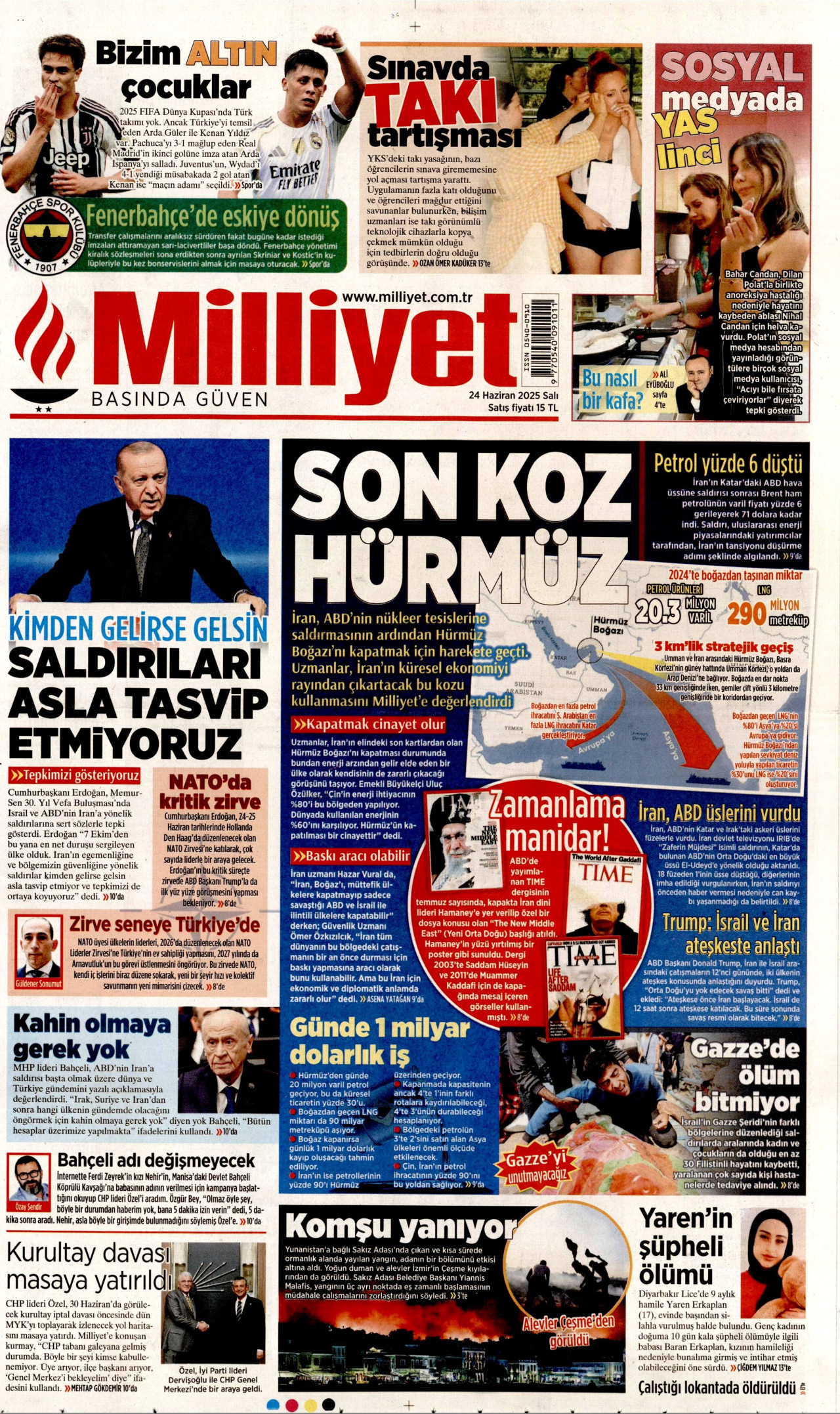 MİLLİYET gazetesinin 24 Haziran 2025 tarihli birinci sayfası