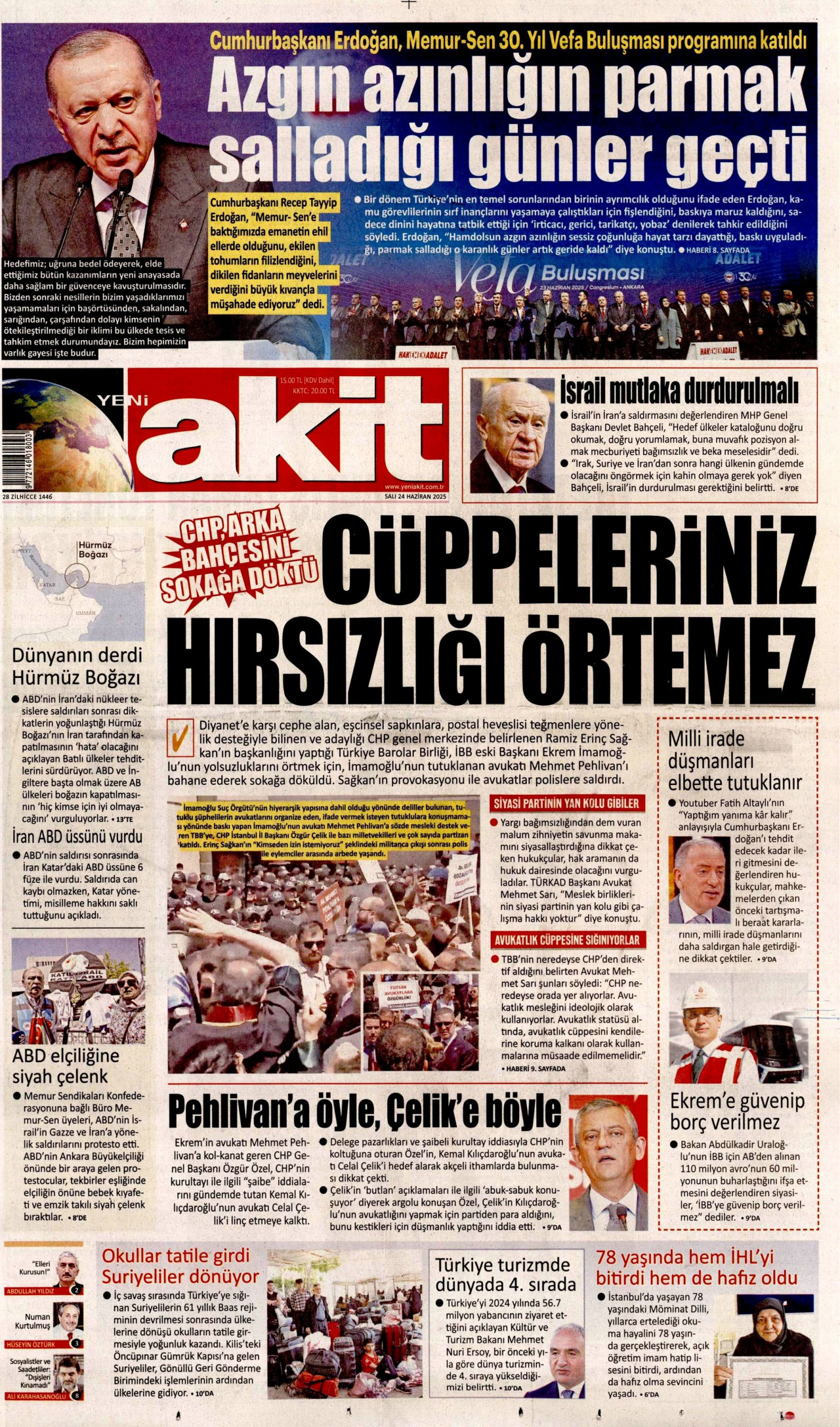 YENİ AKİT gazetesinin 24 Haziran 2025 tarihli birinci sayfası