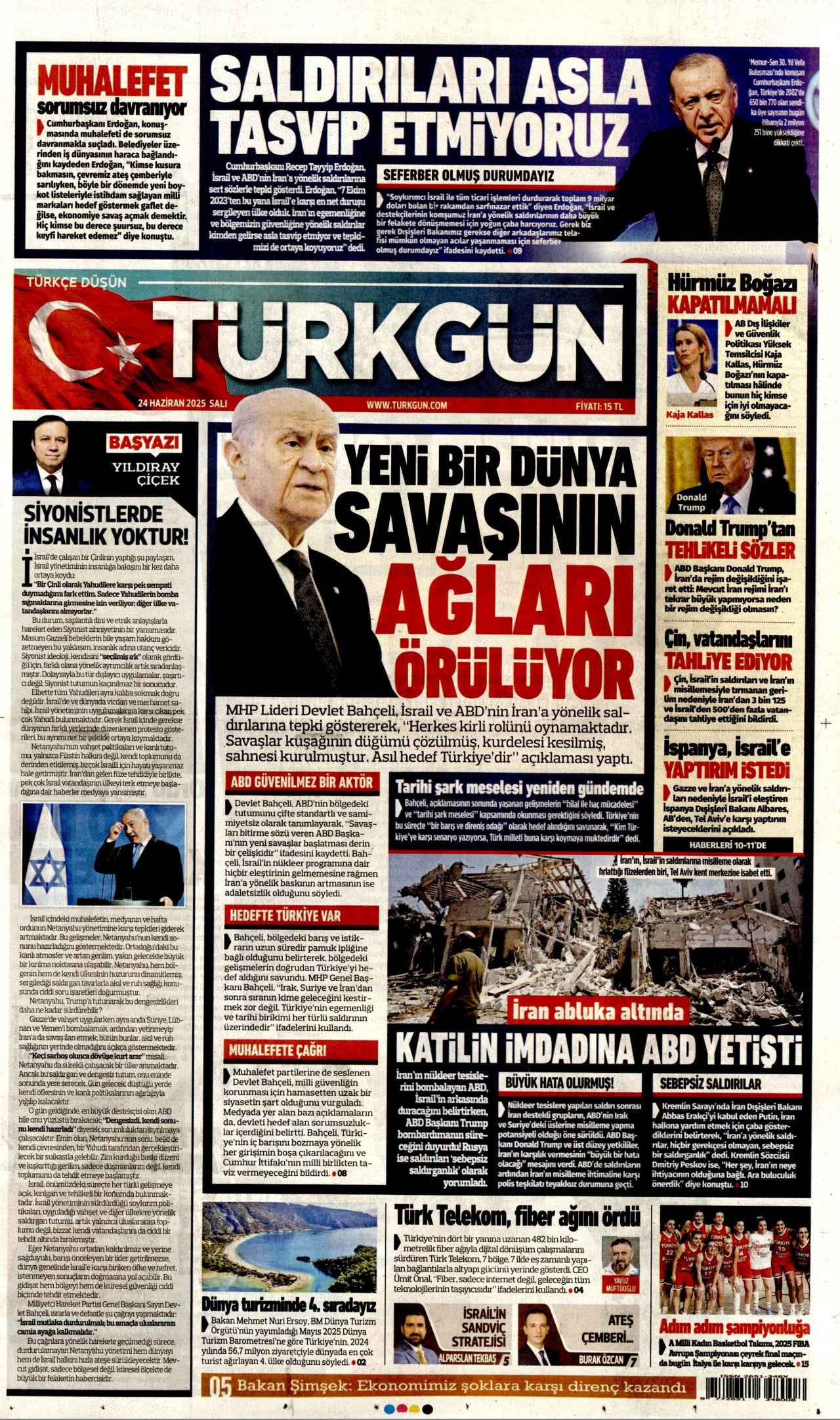 TÜRKGÜN gazetesinin 24 Haziran 2025 tarihli birinci sayfası