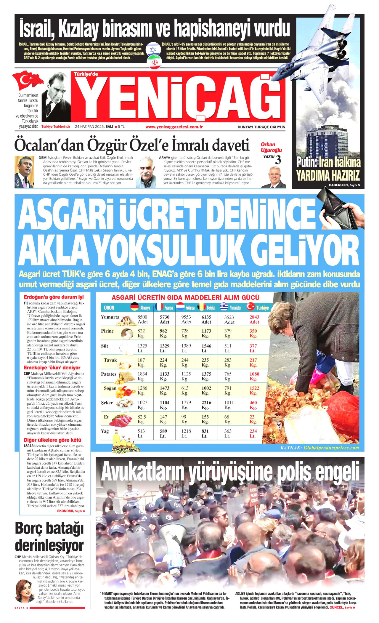 YENİÇAĞ gazetesinin 24 Haziran 2025 tarihli birinci sayfası