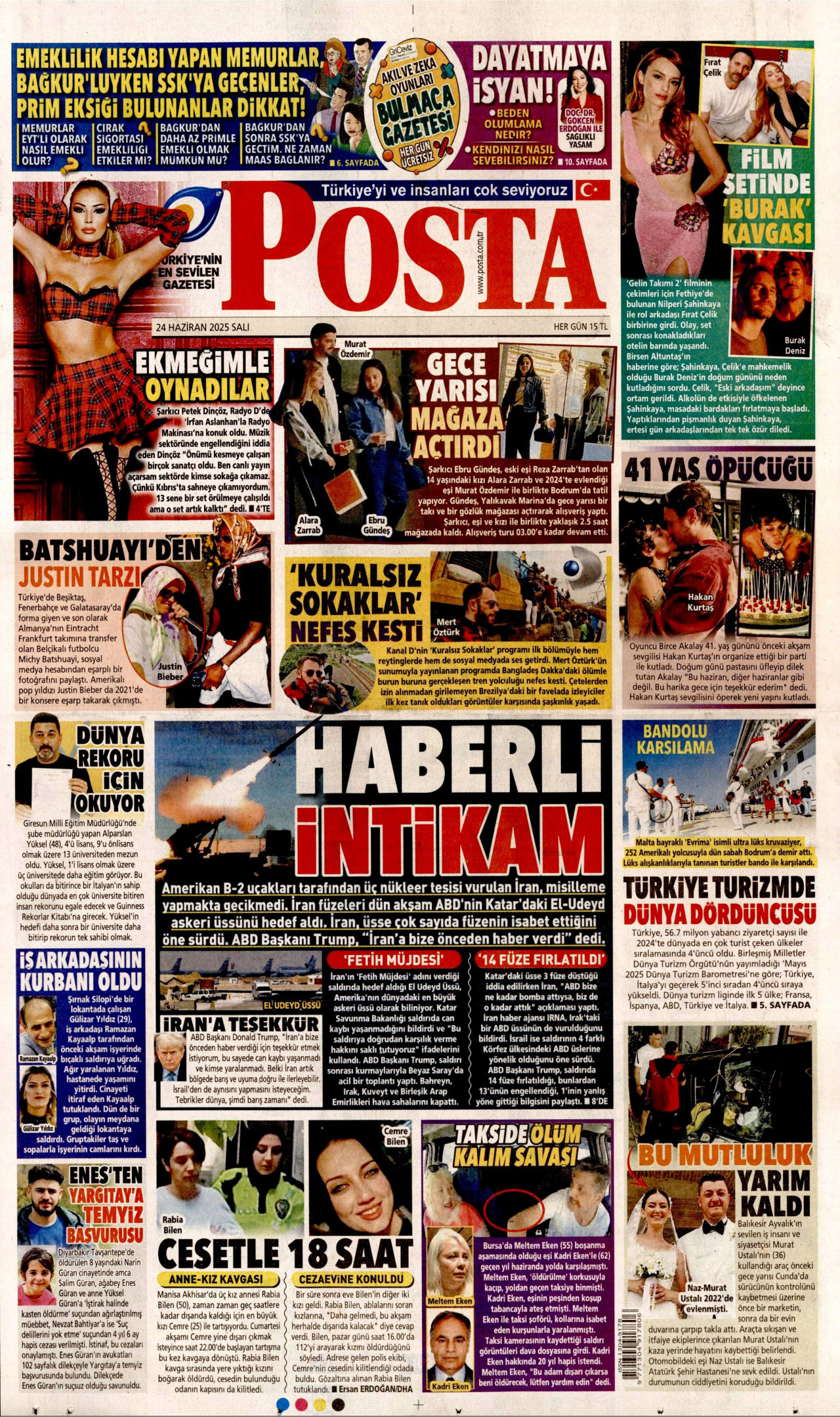 POSTA gazetesinin 24 Haziran 2025 tarihli birinci sayfası