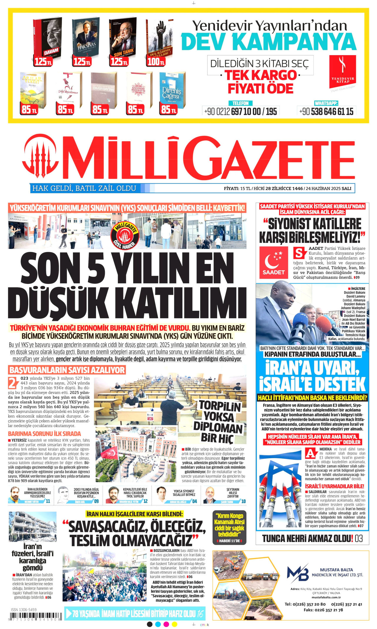 MİLLİ GAZETE gazetesinin 24 Haziran 2025 tarihli birinci sayfası