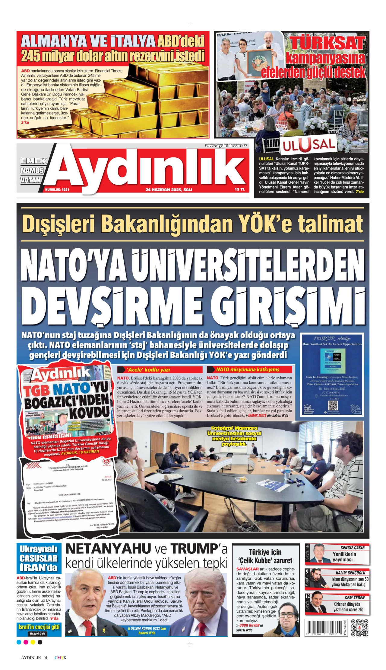 AYDINLIK GAZETESİ gazetesinin 24 Haziran 2025 tarihli birinci sayfası