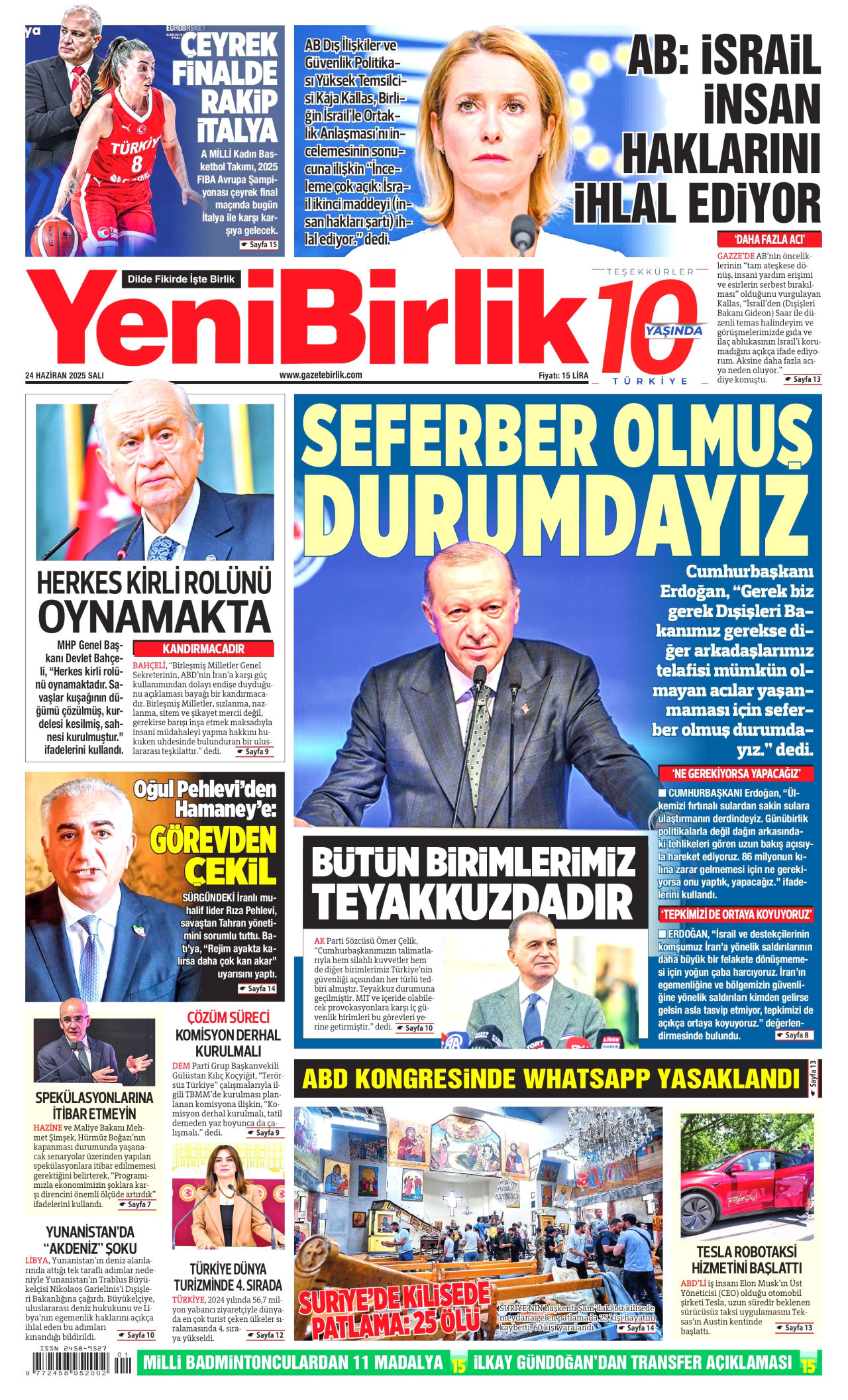 YENİBİRLİK gazetesinin 24 Haziran 2025 tarihli birinci sayfası