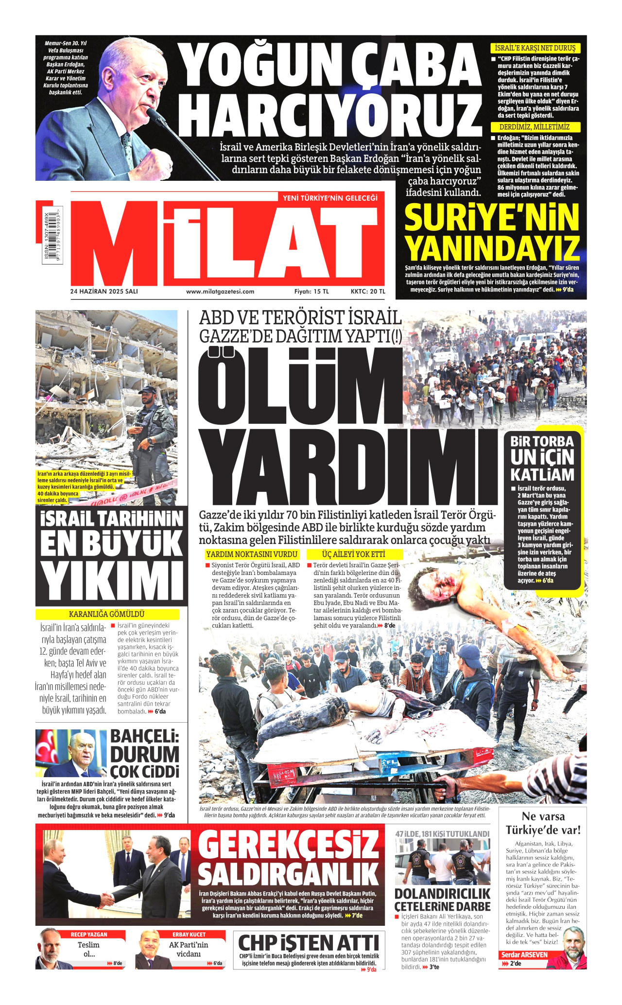 MİLAT gazetesinin 24 Haziran 2025 tarihli birinci sayfası