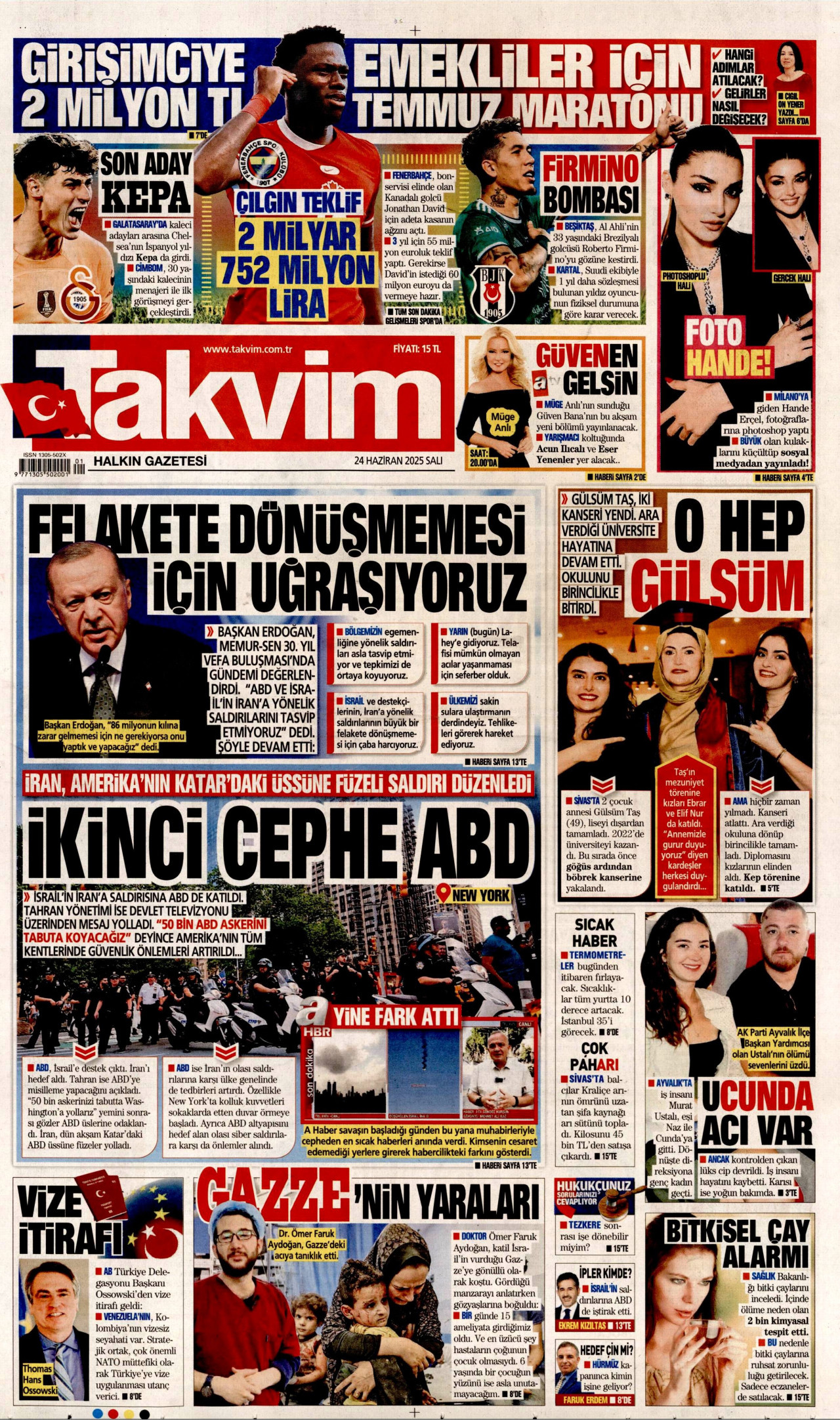 TAKVİM gazetesinin 24 Haziran 2025 tarihli birinci sayfası