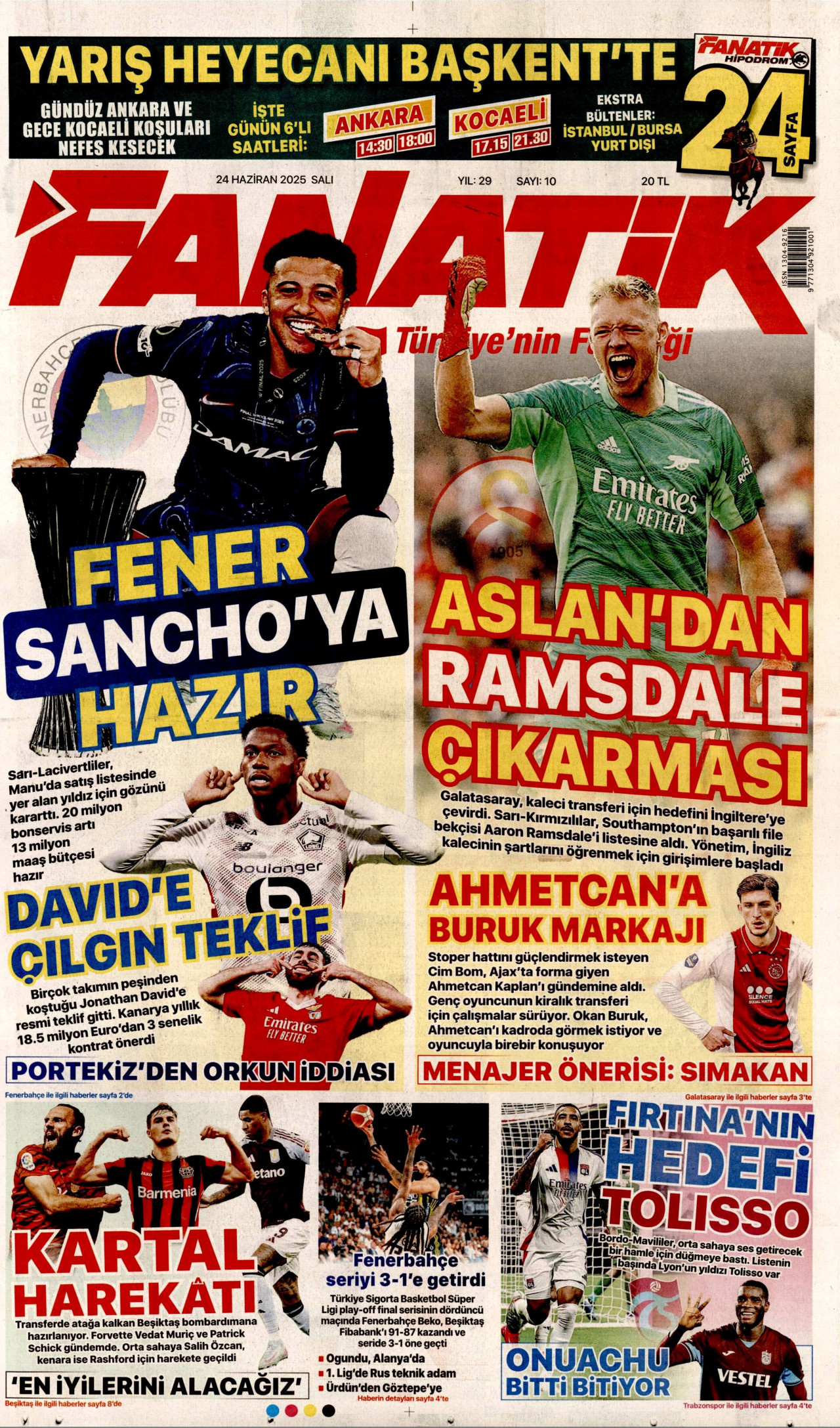 FANATİK gazetesinin 24 Haziran 2025 tarihli birinci sayfası